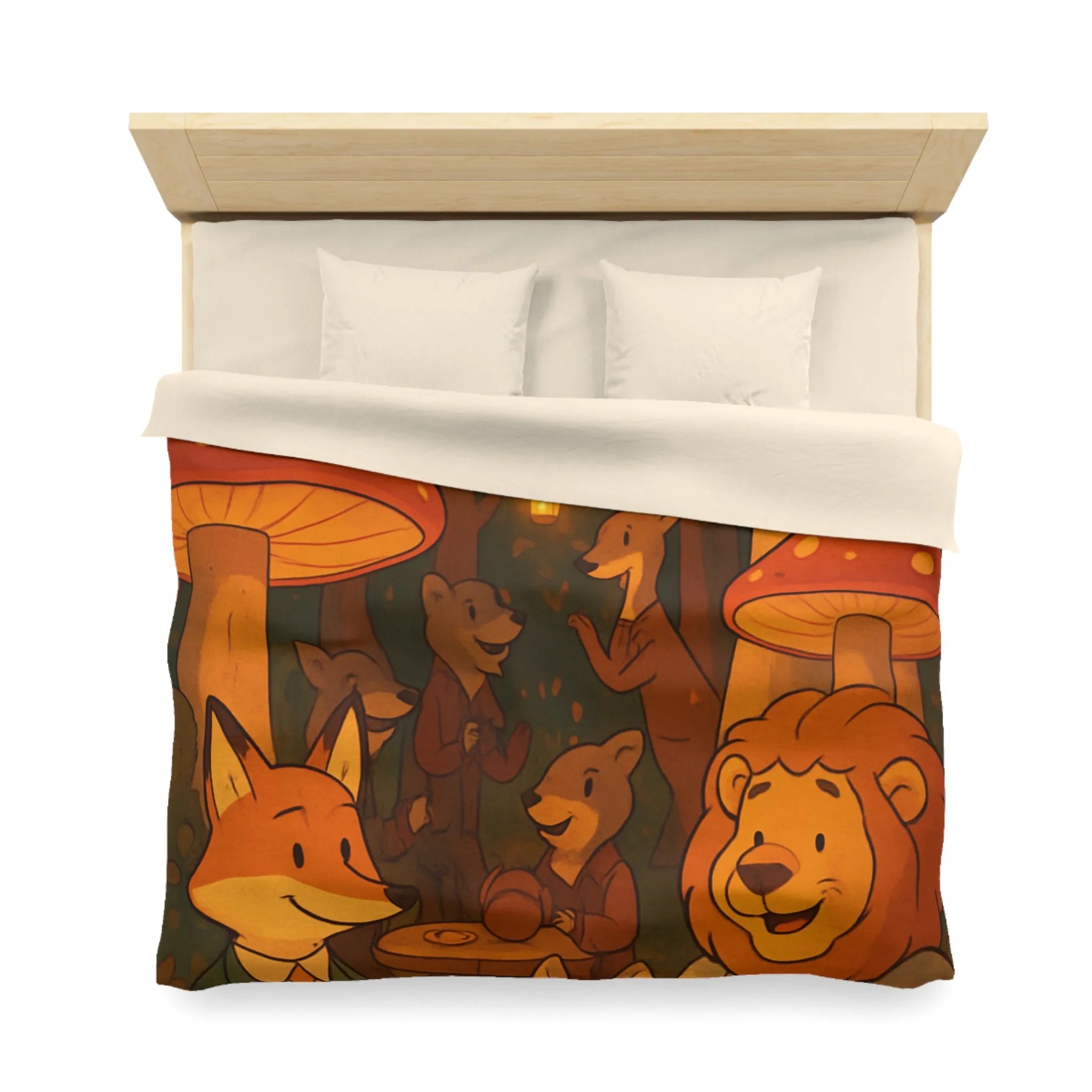 Housse de couette enchantée avec animaux sous champignons géants dans une forêt magique