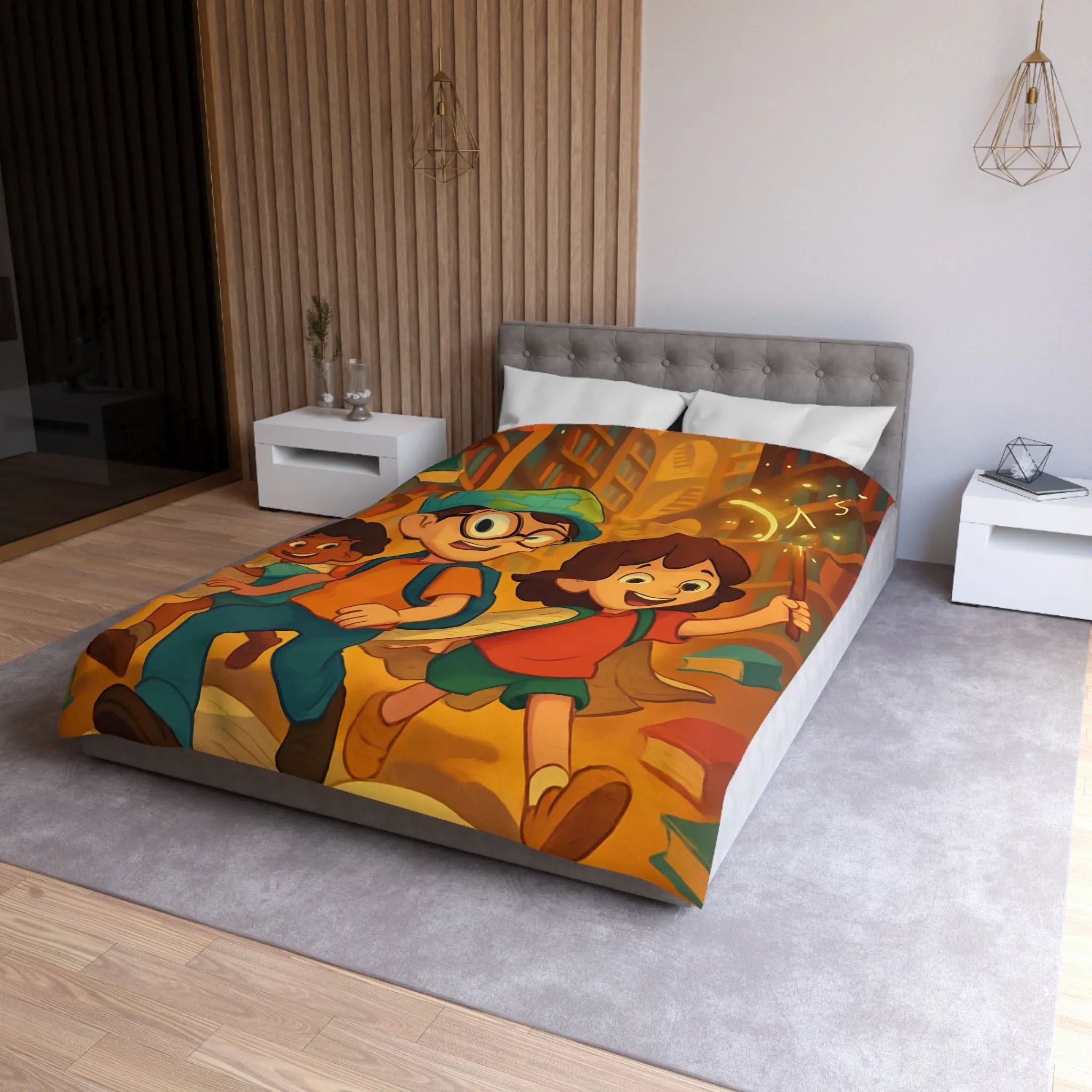 Housse de couette magique avec enfants explorant une bibliothèque enchantée et livres volants