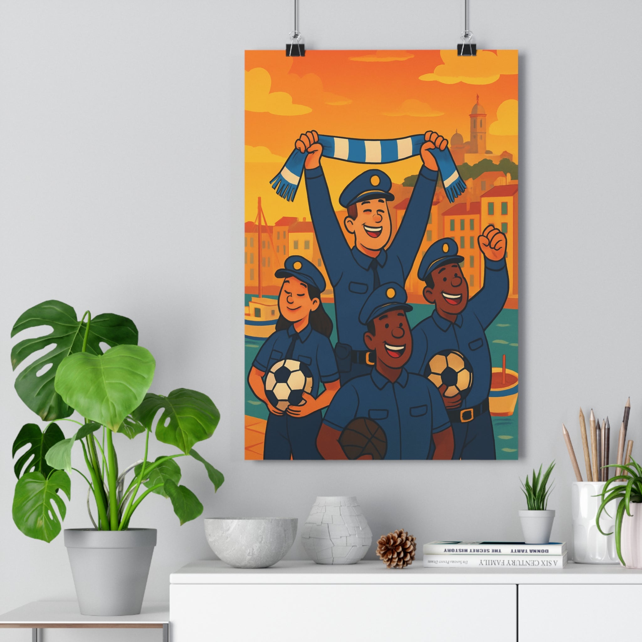 Poster décoratif cartoon joyeux orange bleu salon chambre nostalgique illustration maritime personnages sportifs uniforme