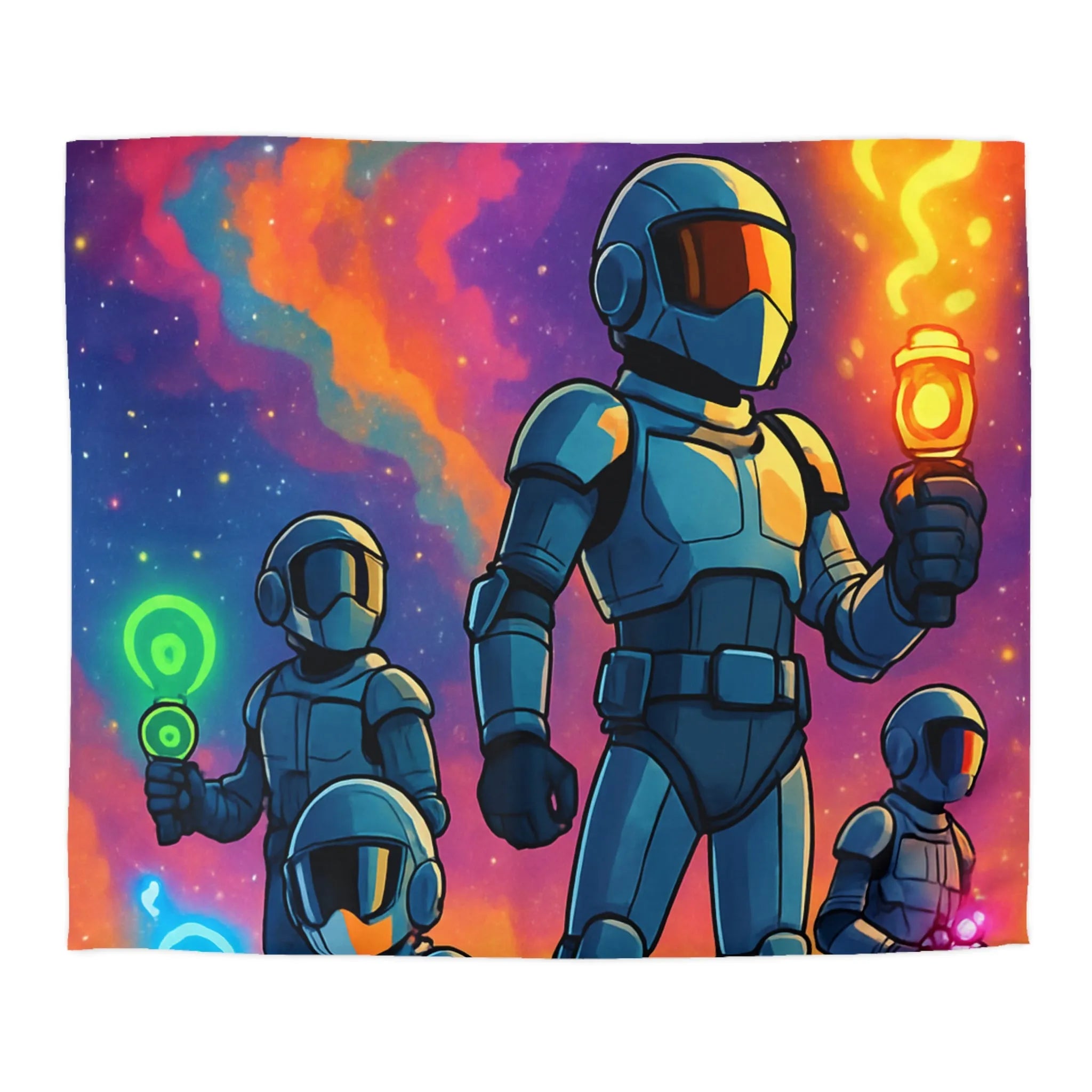 Housse de couette futuriste colorée avec quatre astronautes sous galaxie vibrante et étoilée