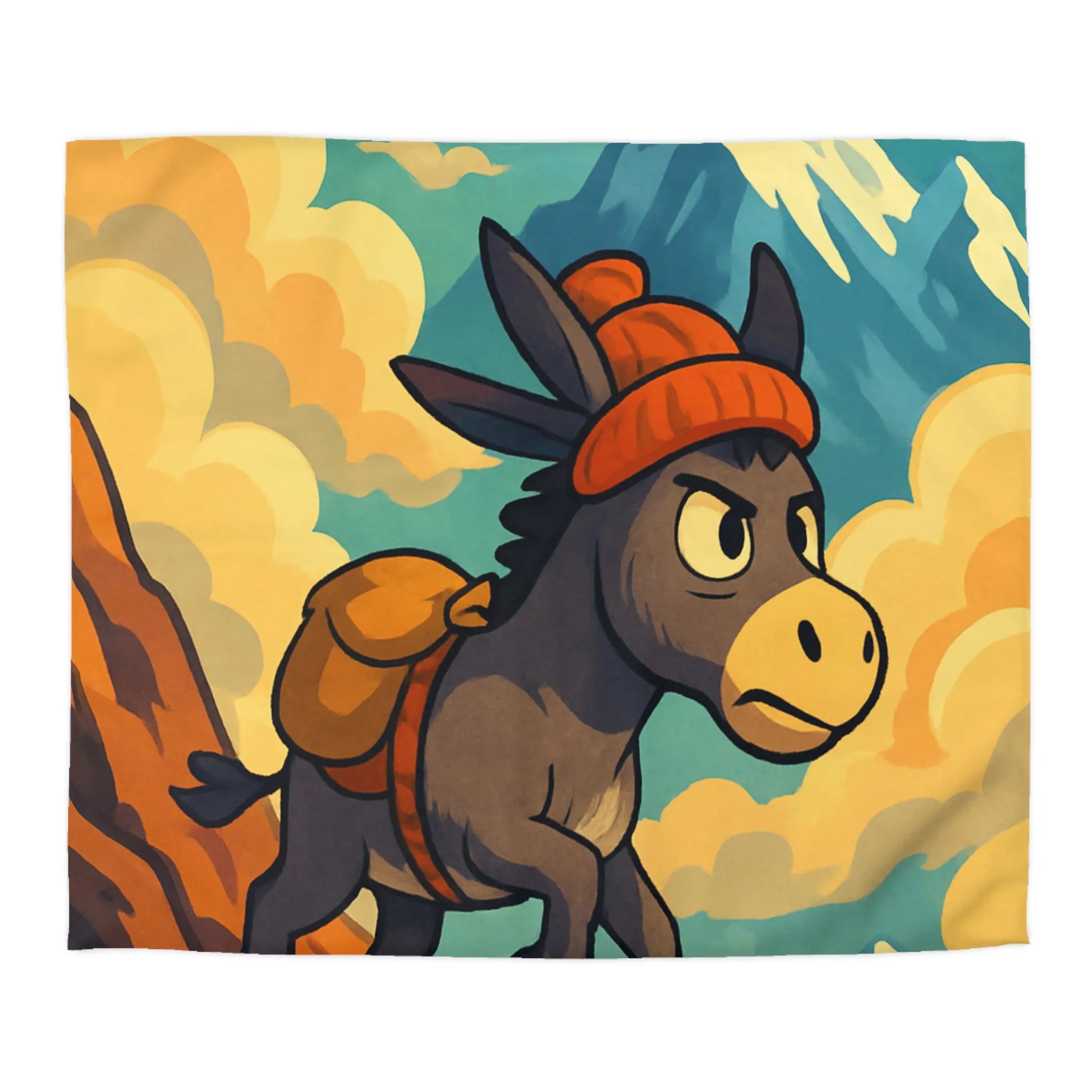 Housse de couette avec âne aventureux, montagnes enneigées et aigles majestueux colorés