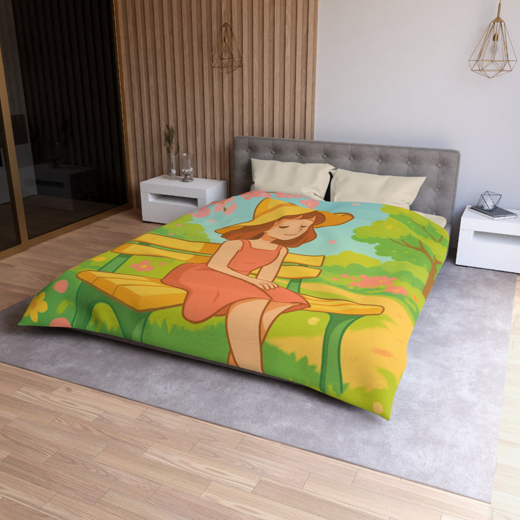 Housse De Couette Motif Printanier Banc Fleurs Ciel Bleu Style Illustration Paisible