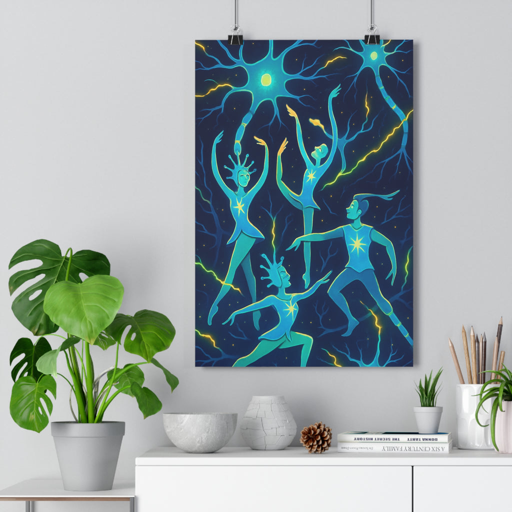 Poster décoratif abstrait bleu vert jaune dynamique bureau étude moderne danse neurones lumineux qualité