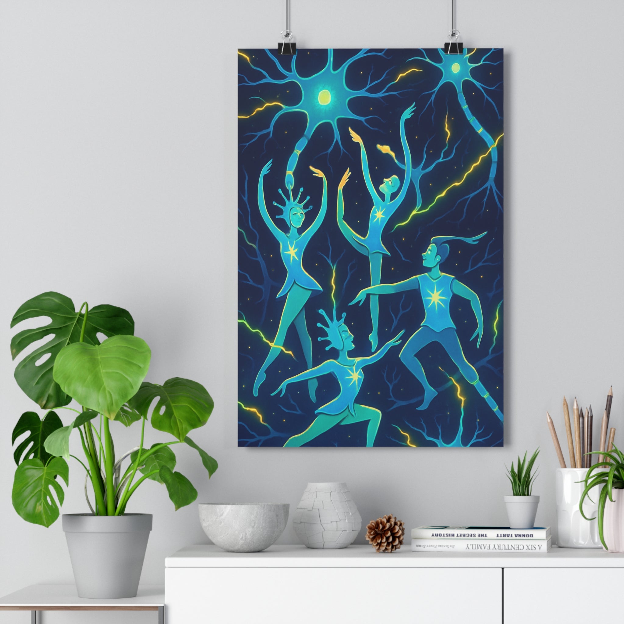Poster décoratif abstrait bleu vert jaune dynamique bureau étude moderne danse neurones lumineux qualité
