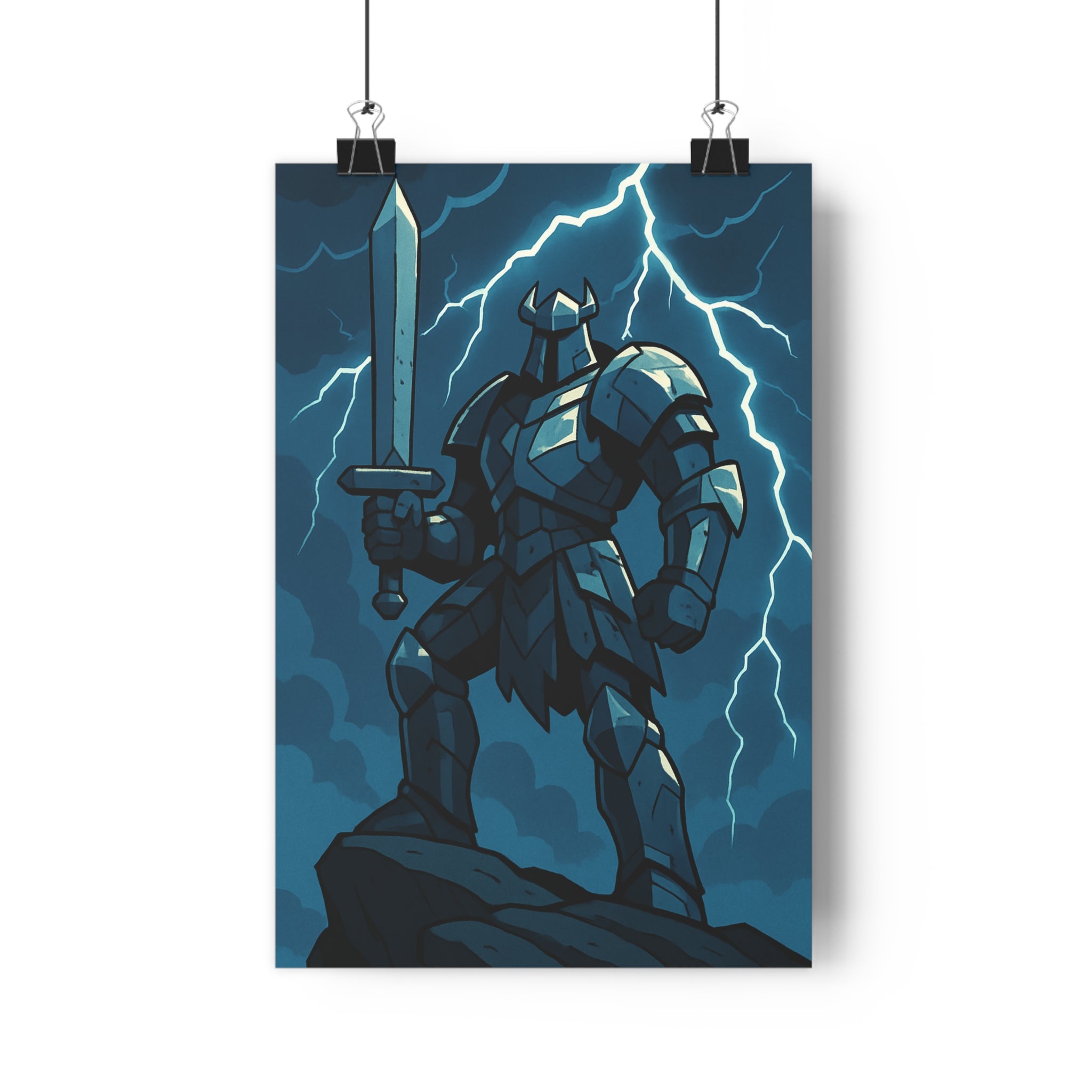 Poster décoratif chevalier épique fantaisie mystique bleu gris bureau chambre ambiance dramatique unique élégant