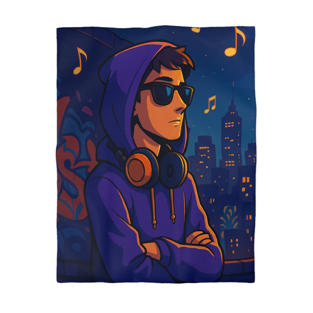 Housse de Couette Style Urbain avec Motifs Musique et Paysage Nocturne Animé