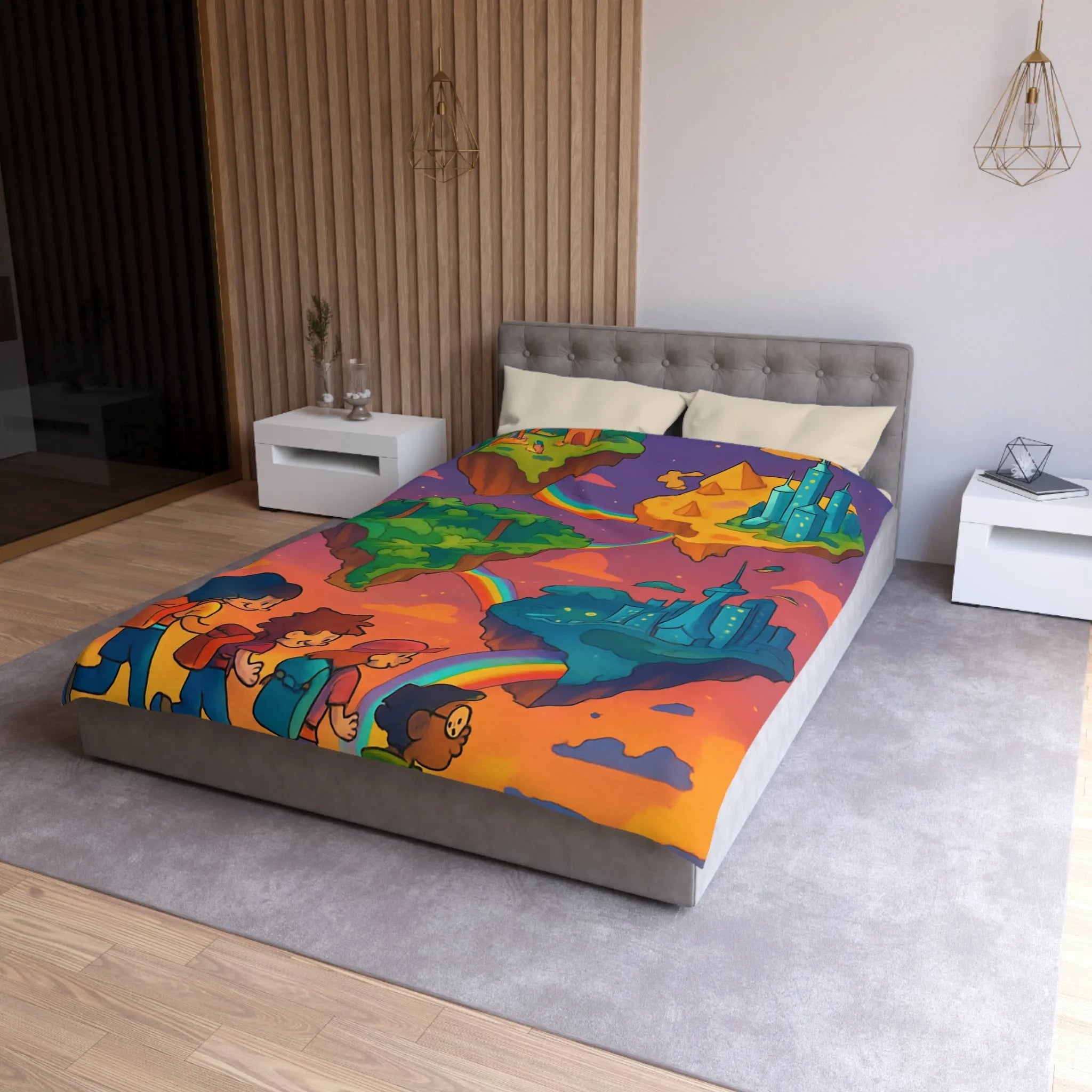 Housse de couette avec univers magique flottant pour chambre d'enfant colorée arc-en-ciel