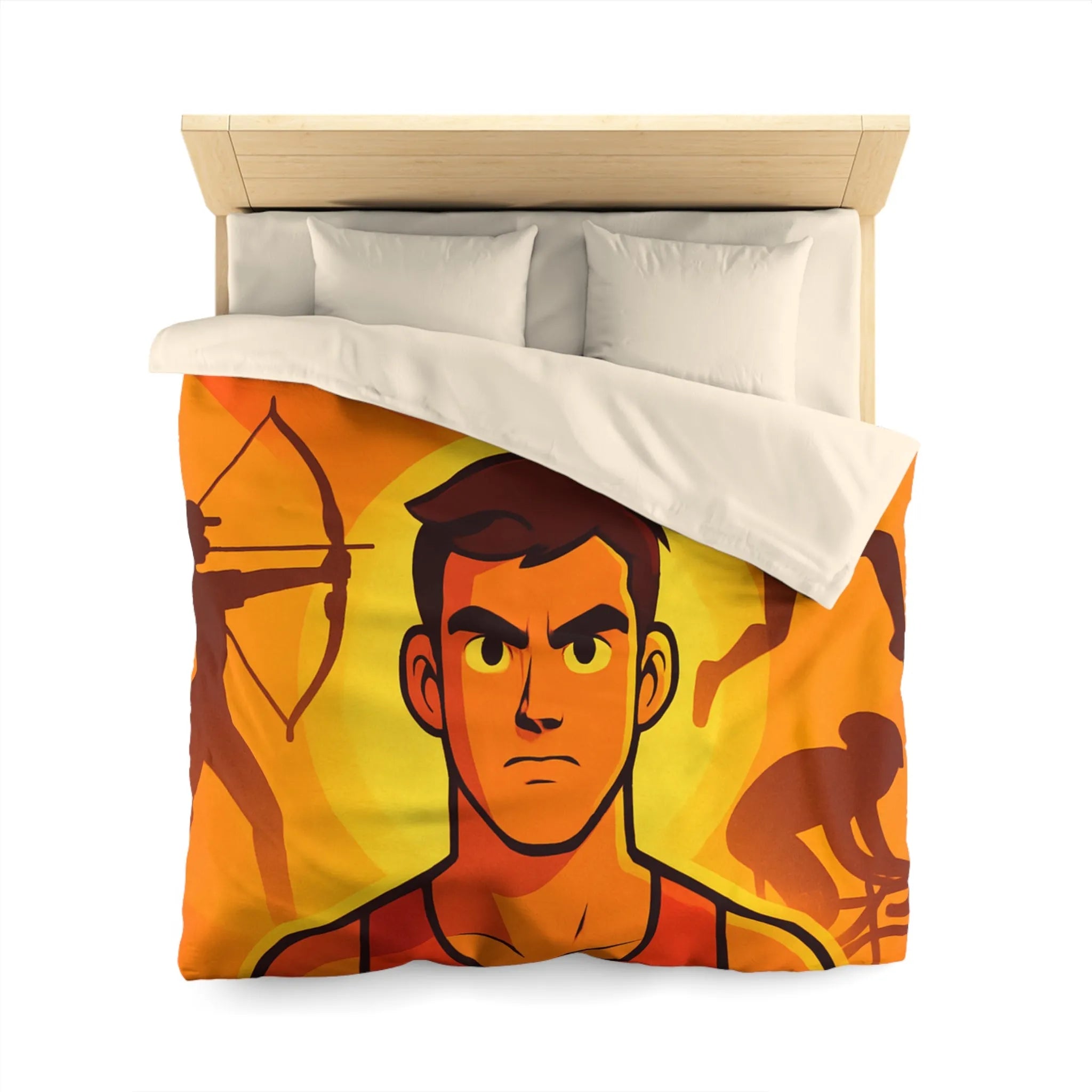 Housse de couette dynamique orange avec motifs sportifs et personnages déterminés en action
