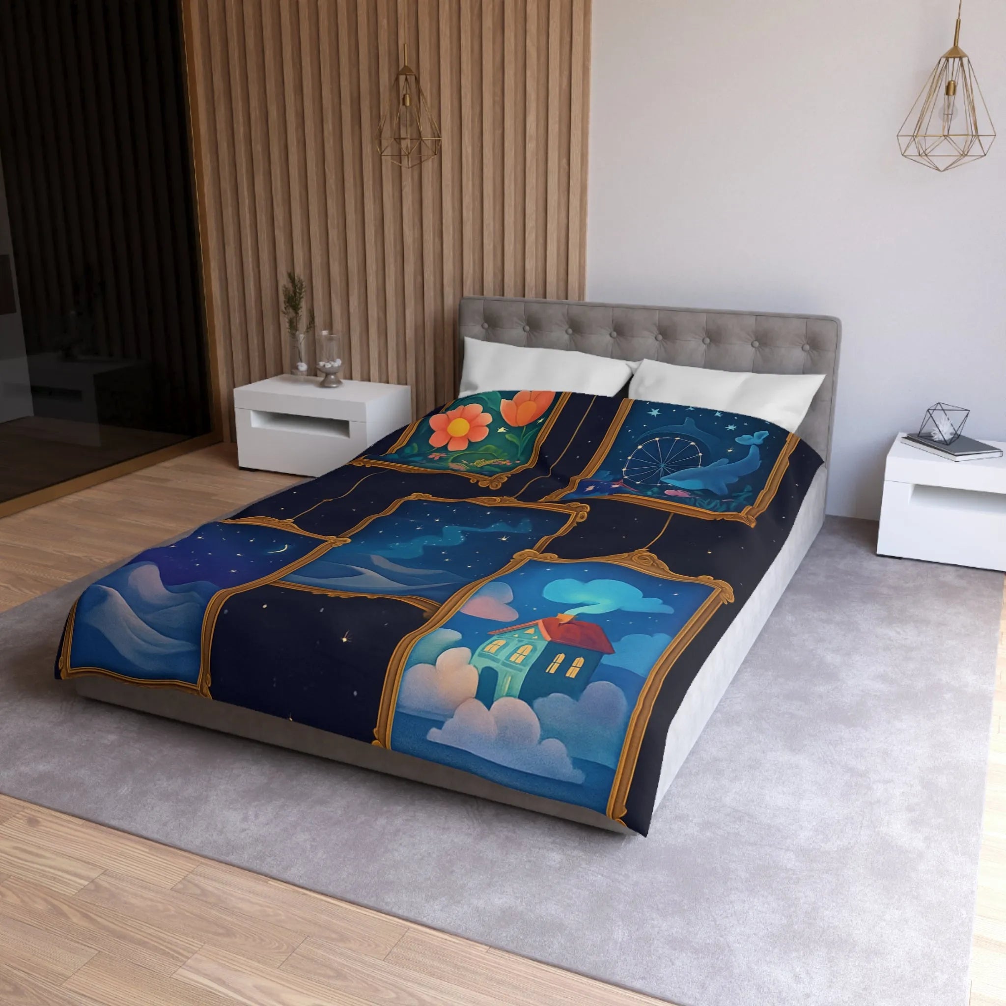 Housse de Couette Artistique avec Paysages de Nuit Étoilée et Fleuri Onirique