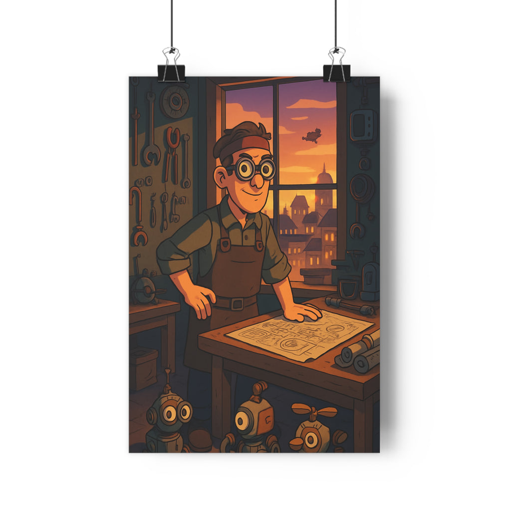 Poster décoratif artisan cartoon cuivre vert bleu urbain bureau jeux ambiance chaleureuse format 30x46