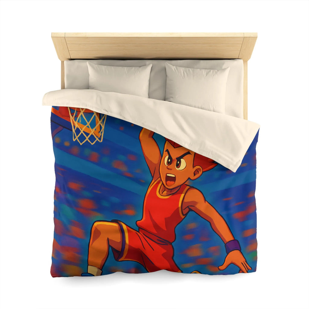 Housse de couette garçon avec joueur de basketball enflammé dans un style animé vibrant