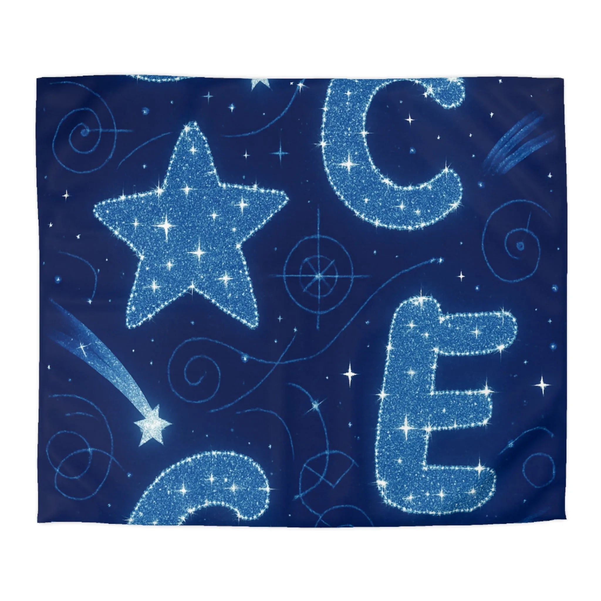 Housse de couette espace étoilé avec lettres scintillantes et planètes en arrière-plan