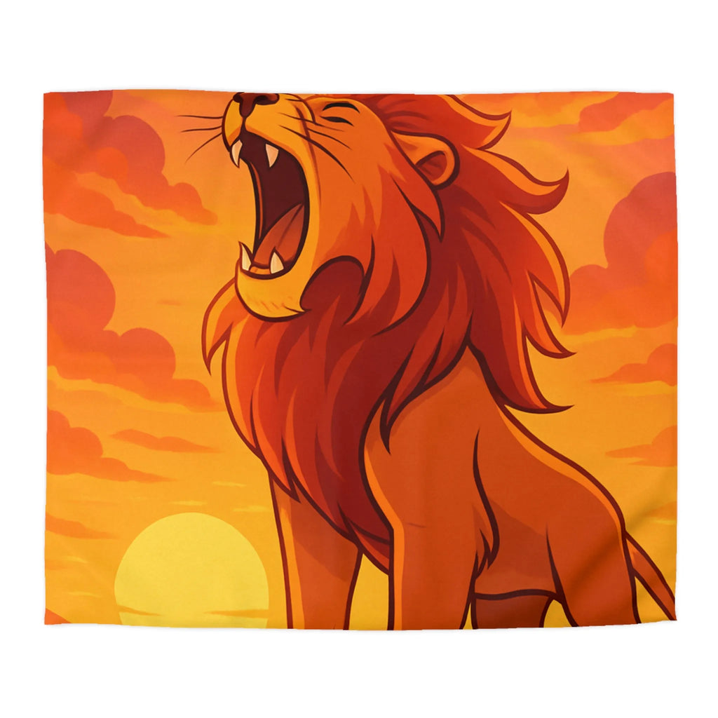 Housse de couette illustrée lion majestueux sur fond de coucher de soleil vibrant