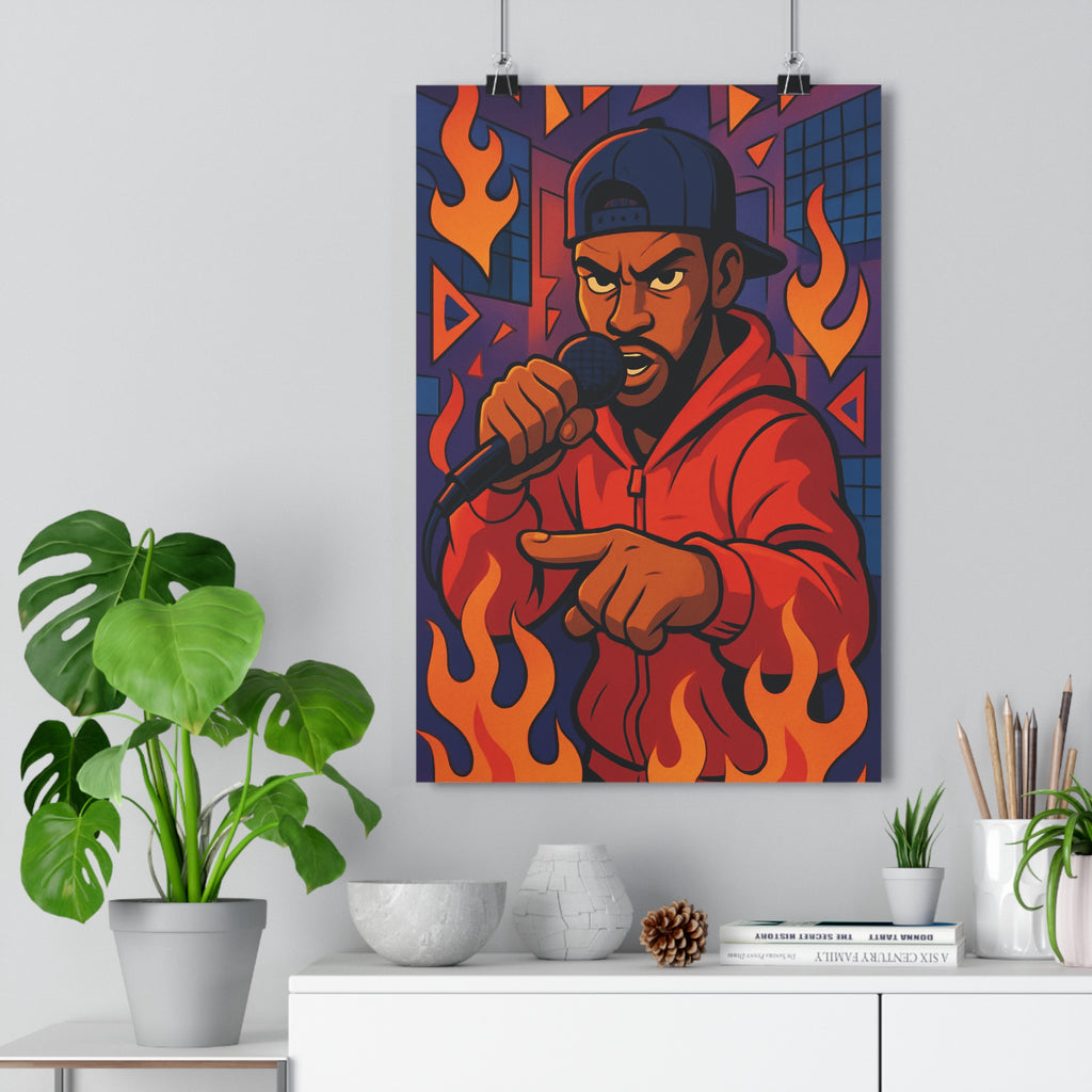 Poster décoratif moderne rappeur rouge orange violet flammes dynamique chambre musique tendance 30x46 cm