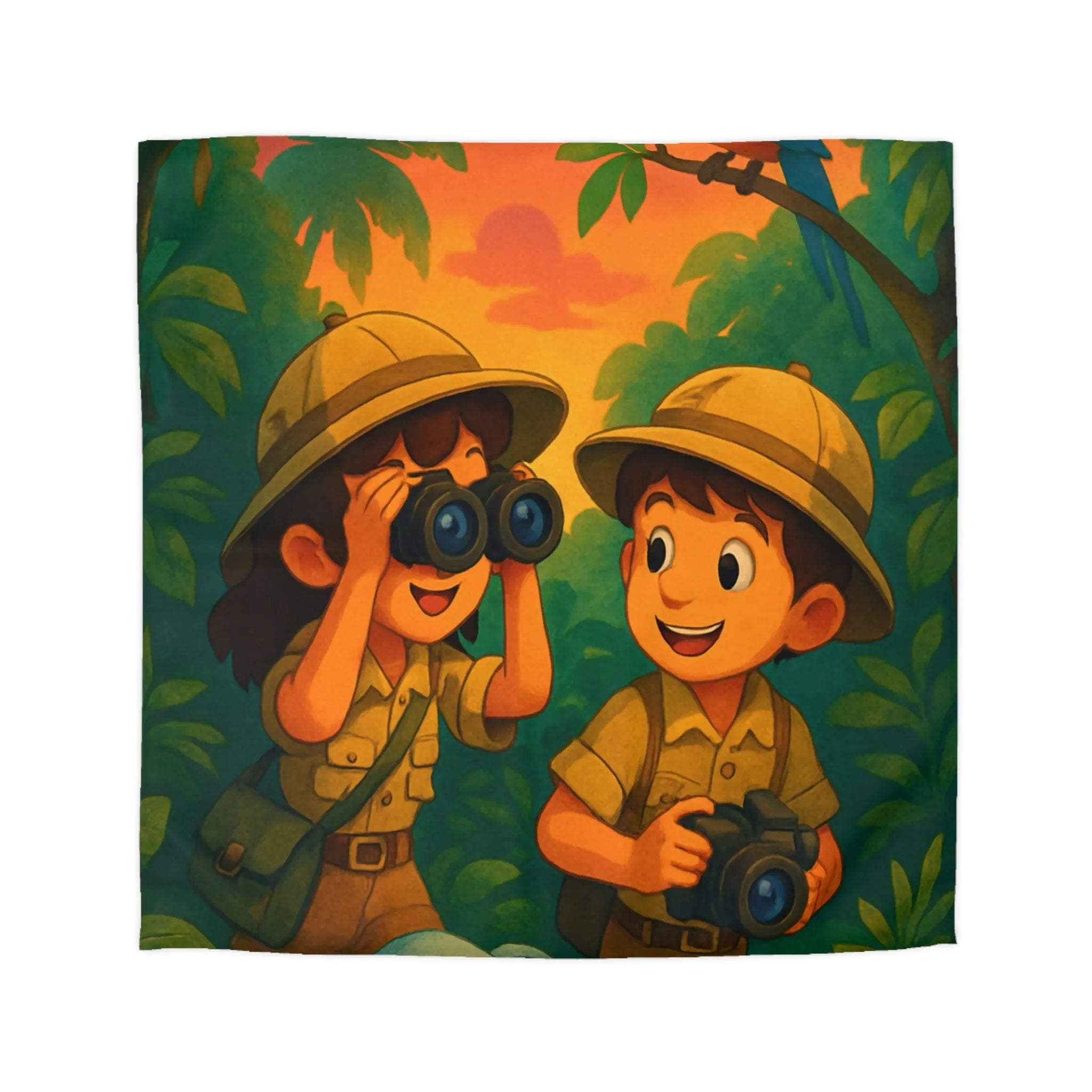 Housse de couette jungle colorée avec enfants explorateurs, perroquet et éléphant mignon