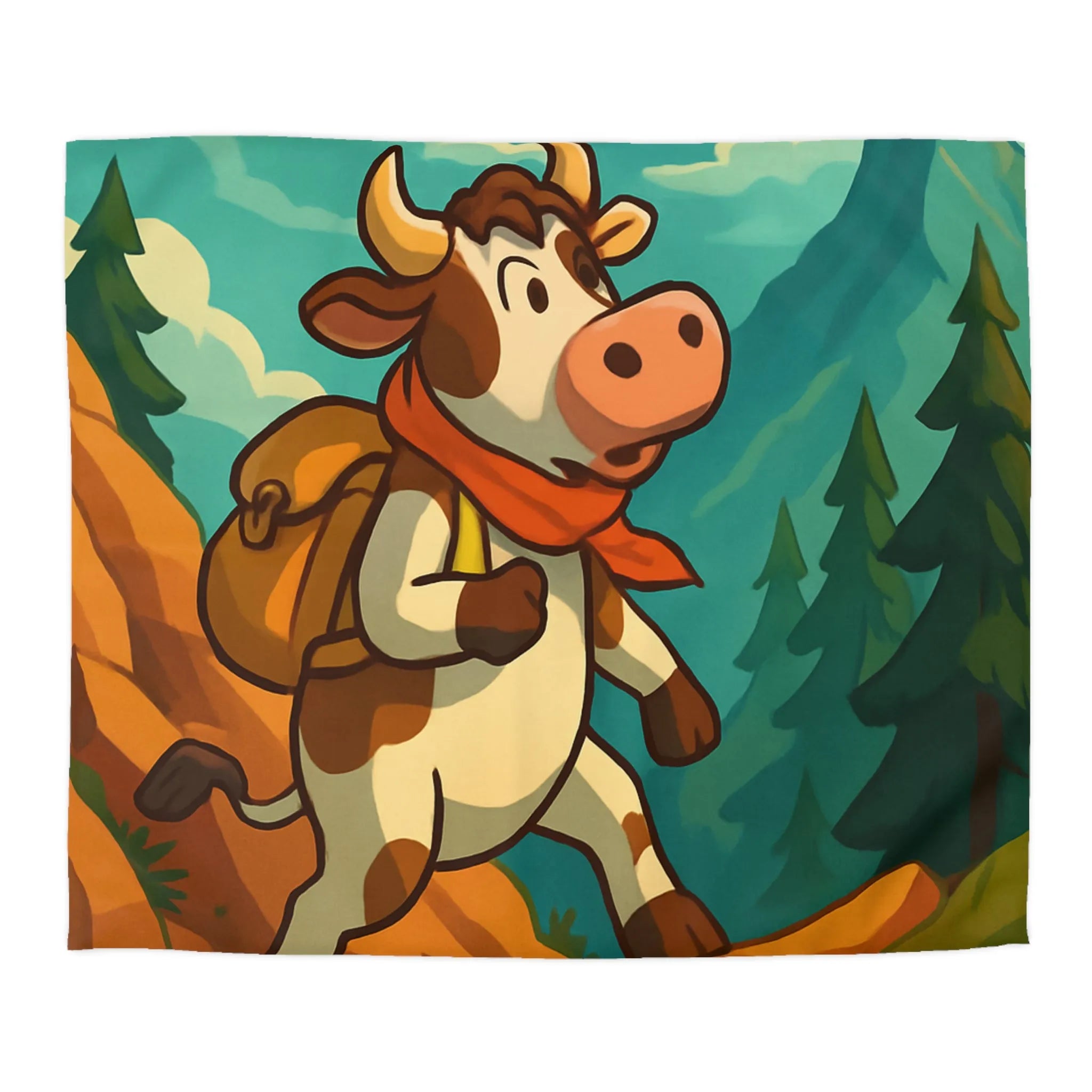 Housse de couette avec vache exploratrice en randonnée dans un paysage montagneux animé