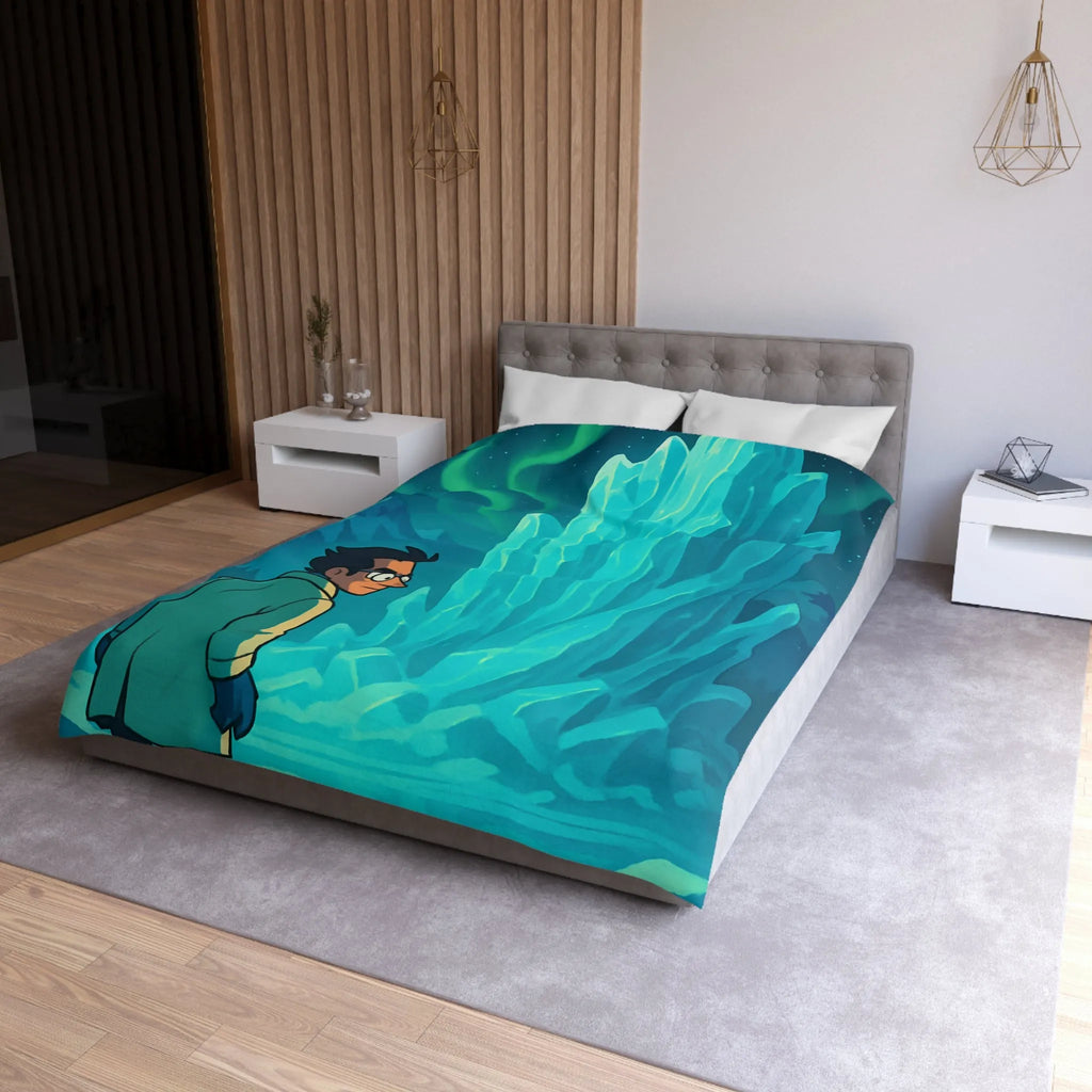 Décor polaire avec icebergs géants et exploration nocturne sous aurores boréales glaciales