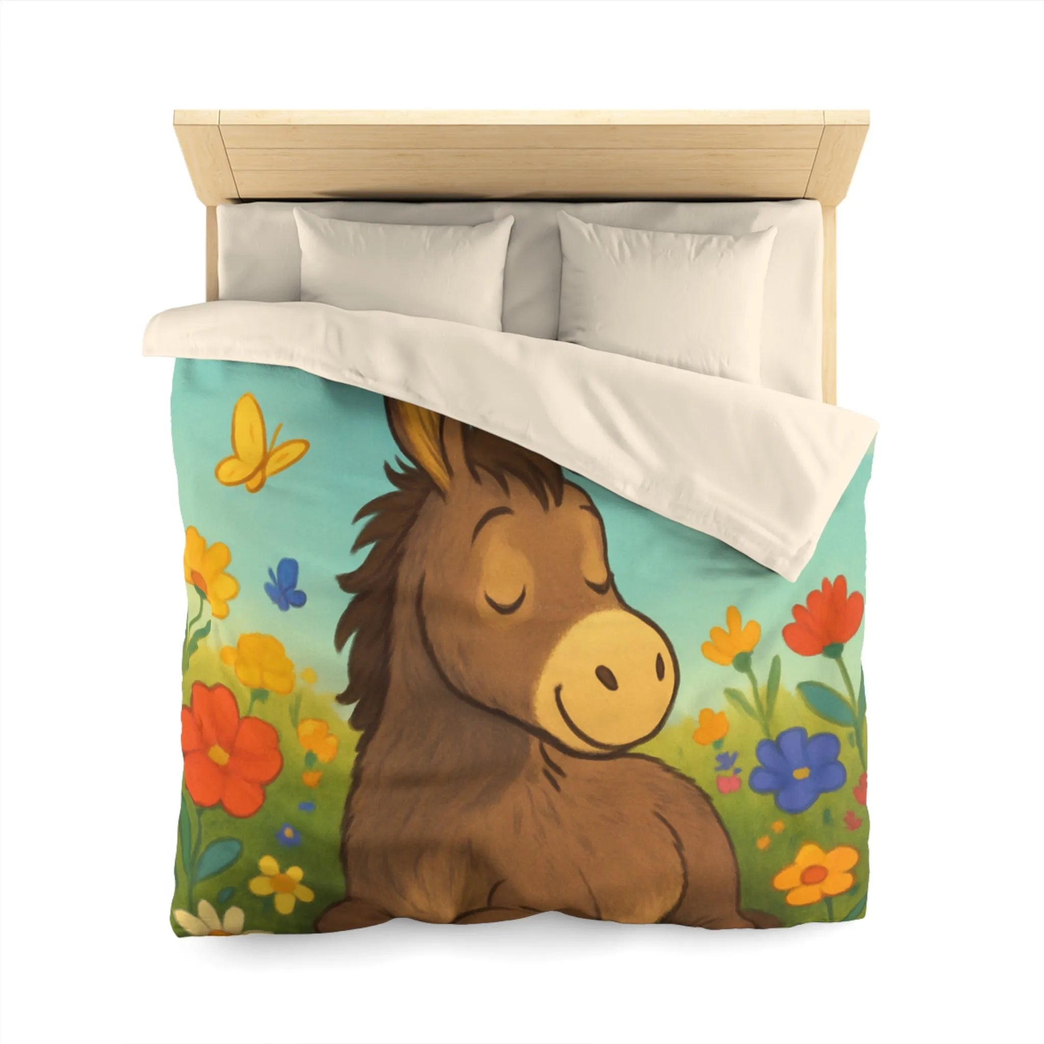 Housse de couette enfant Âne endormi, fleurs colorées et papillons dans un pré