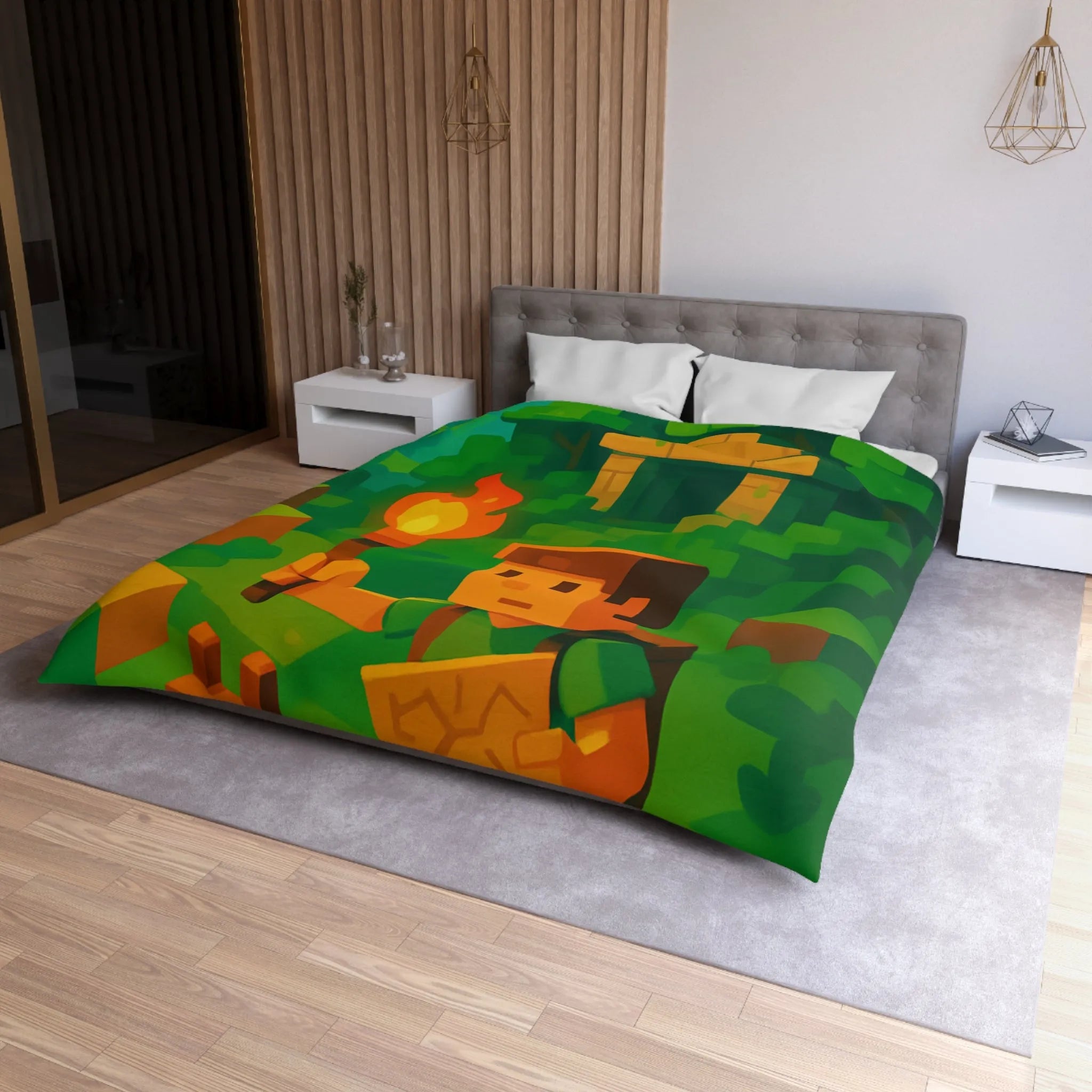 Explorez un monde aventureux et mystique avec cette housse de couette pixelisée géométrique