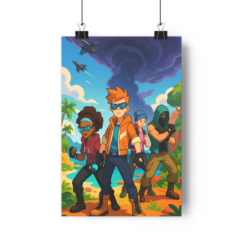 Poster décoratif dynamique dessin animé bleu orange chambre gamer ambiance intense futuriste action tendance