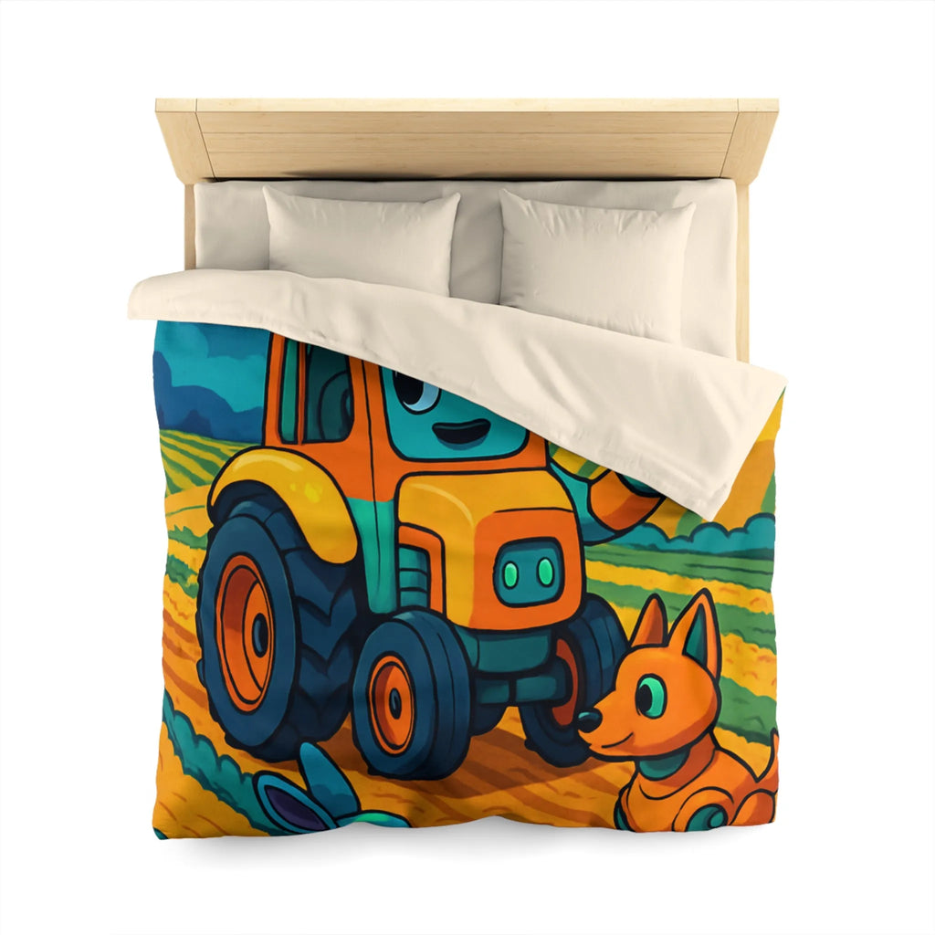 Housse de couette colorée avec tracteur joyeux, robots animaux et scène de ferme nocturne