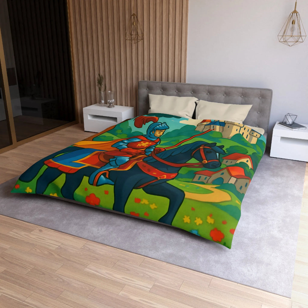 Housse de couette chevalier médiéval illustrée avec château et paysage floral vibrant