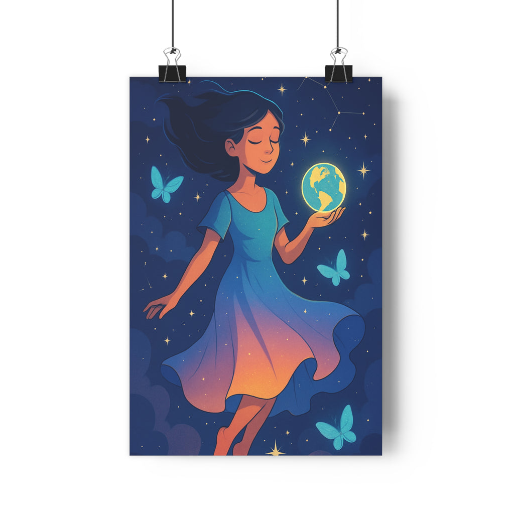 Poster décoratif céleste bleu jaune cartoon rêveuse enfant poétique chambre ambiance paisible format 30