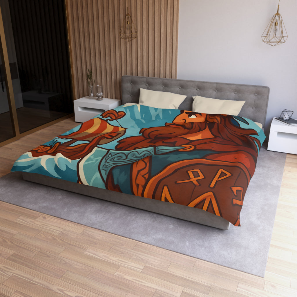 Housse de couette viking avec guerrier, montagne, navire, mer, motifs runiques