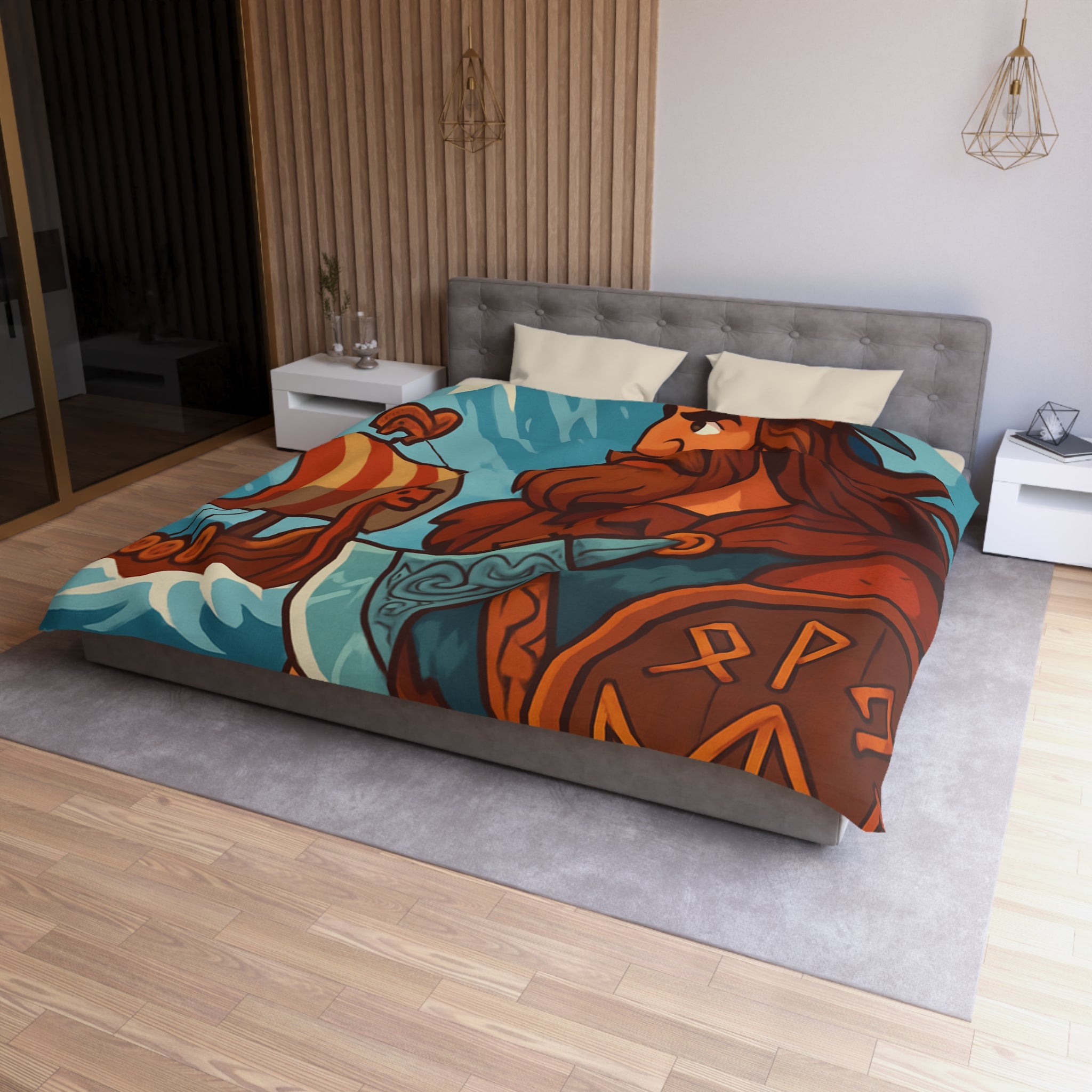 Housse de couette viking avec guerrier, montagne, navire, mer, motifs runiques