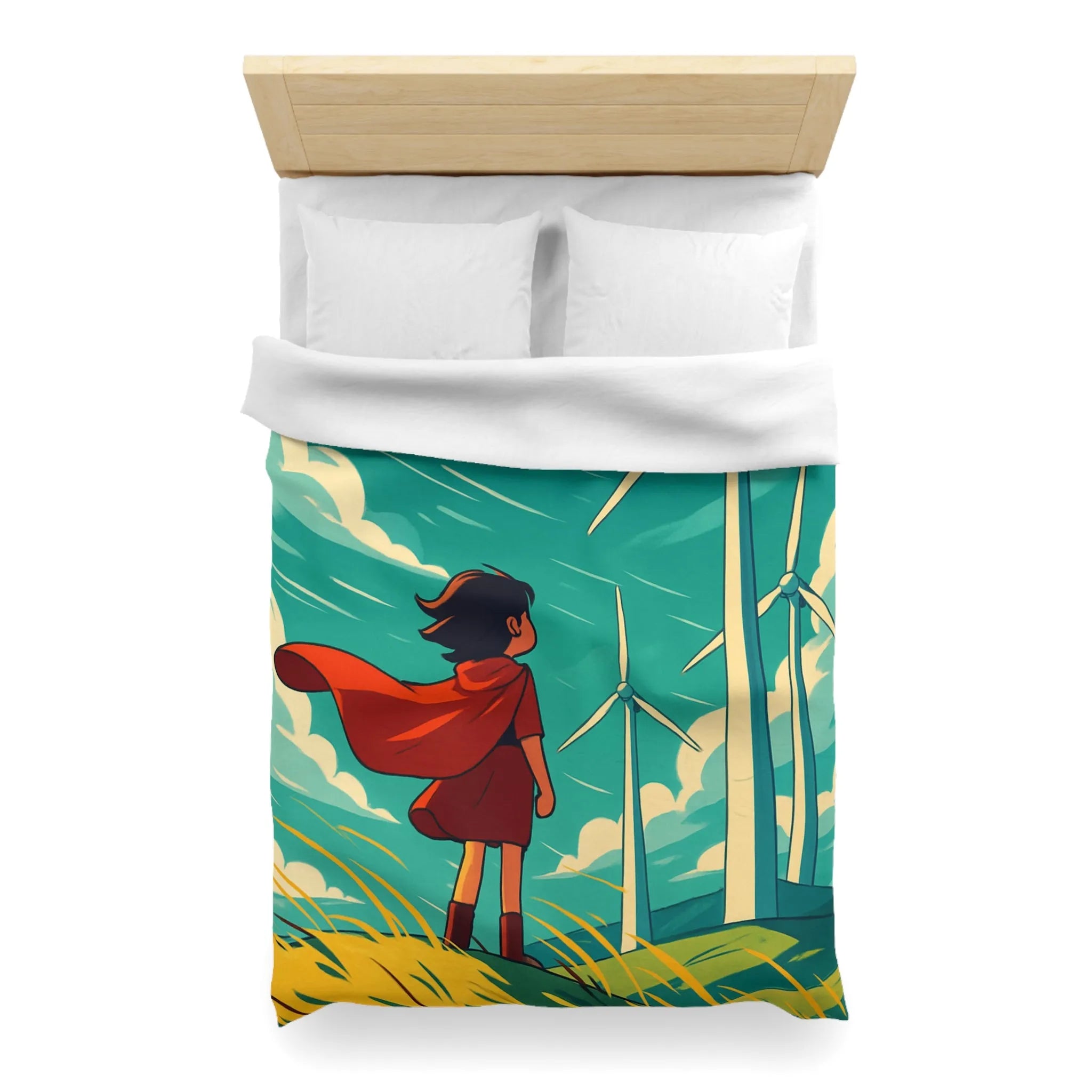 Housse de Couette Enfant avec Éoliennes et Paysage Venté Rouge et Bleu