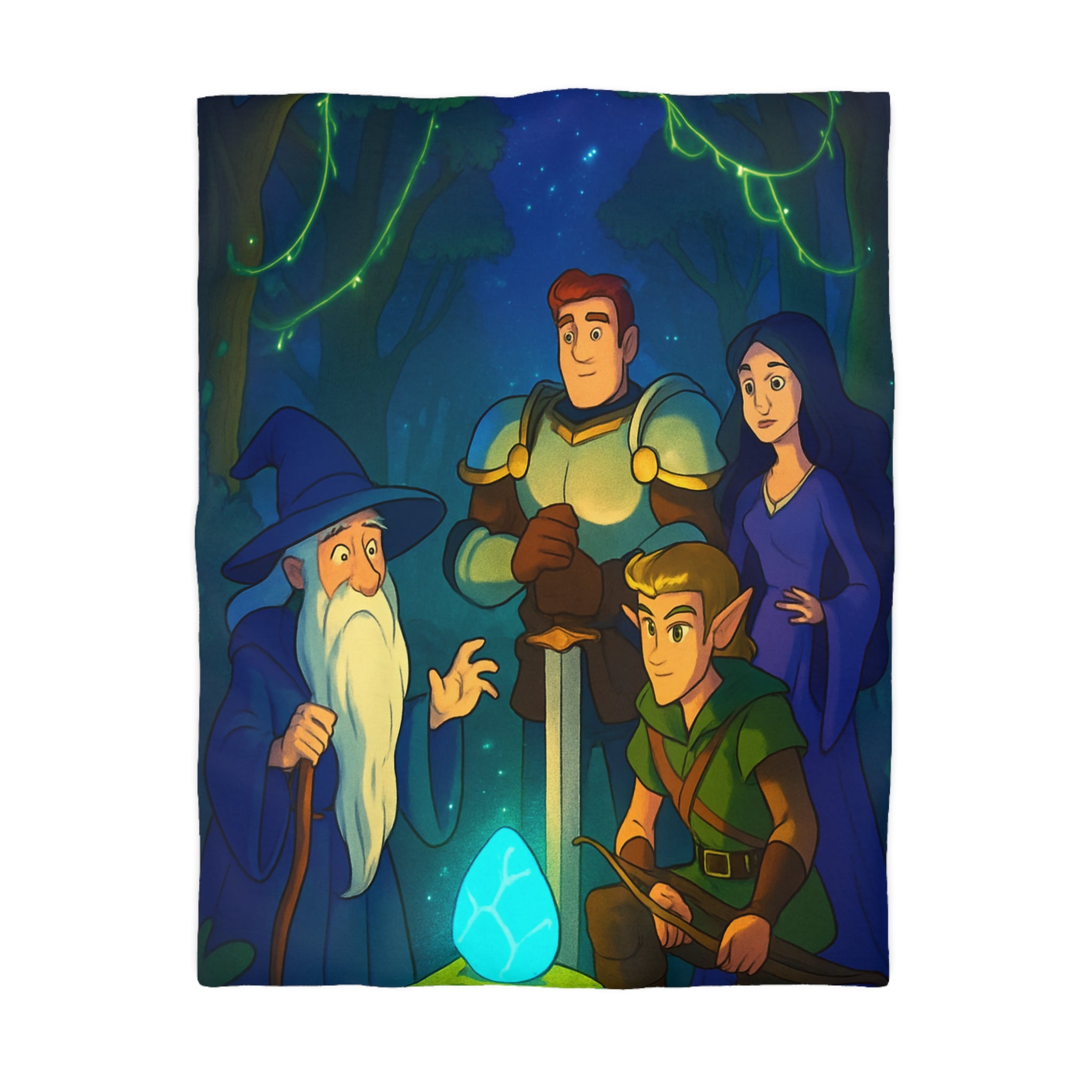 Personnages de Fantasy Réunis Autour d'un Cristal Lumineux dans la Forêt Enchantée