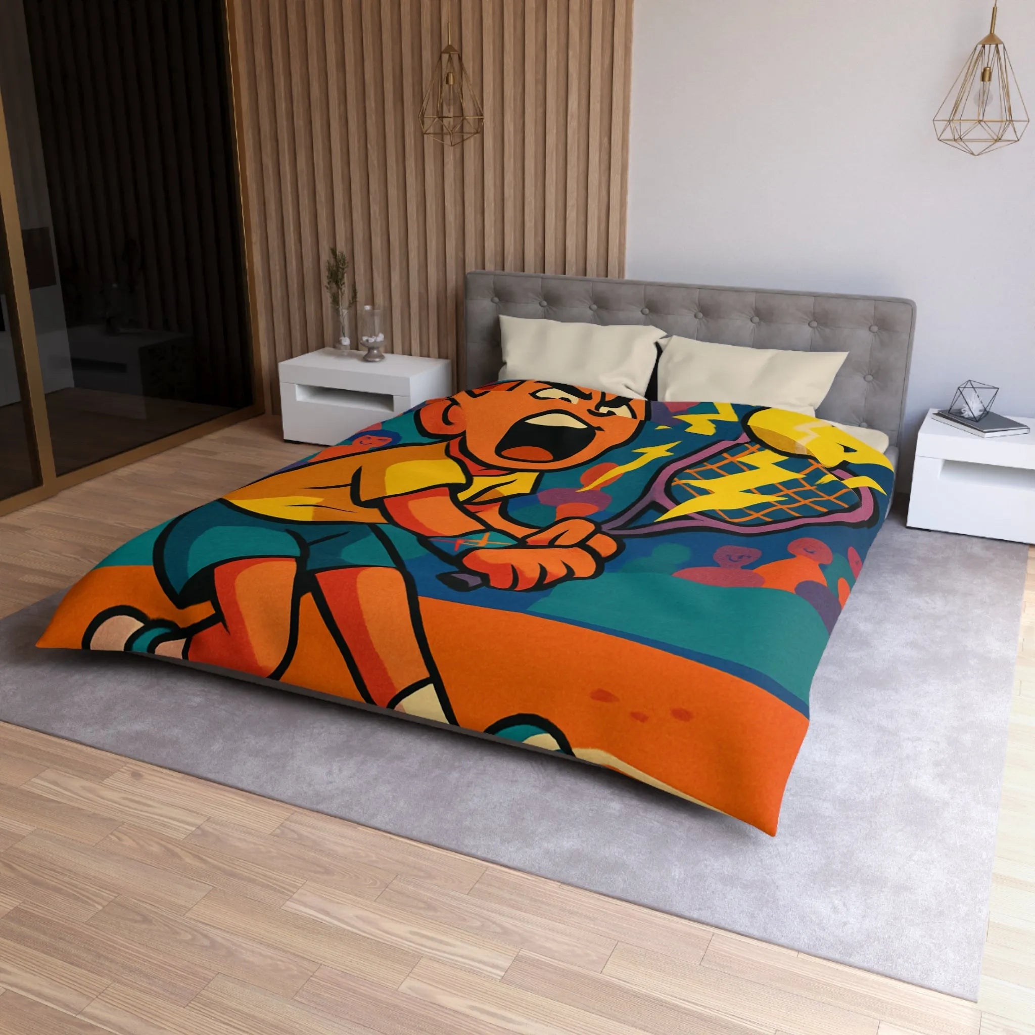 Housse de couette enfantine avec joueur de tennis énergique et balle électrisante en action