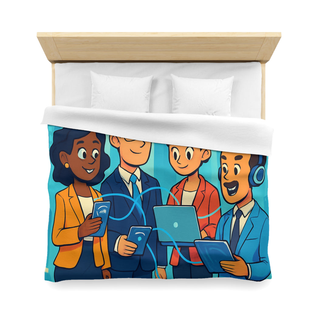 Housse de couette moderne illustrant équipe collaborative en milieu urbain technologique