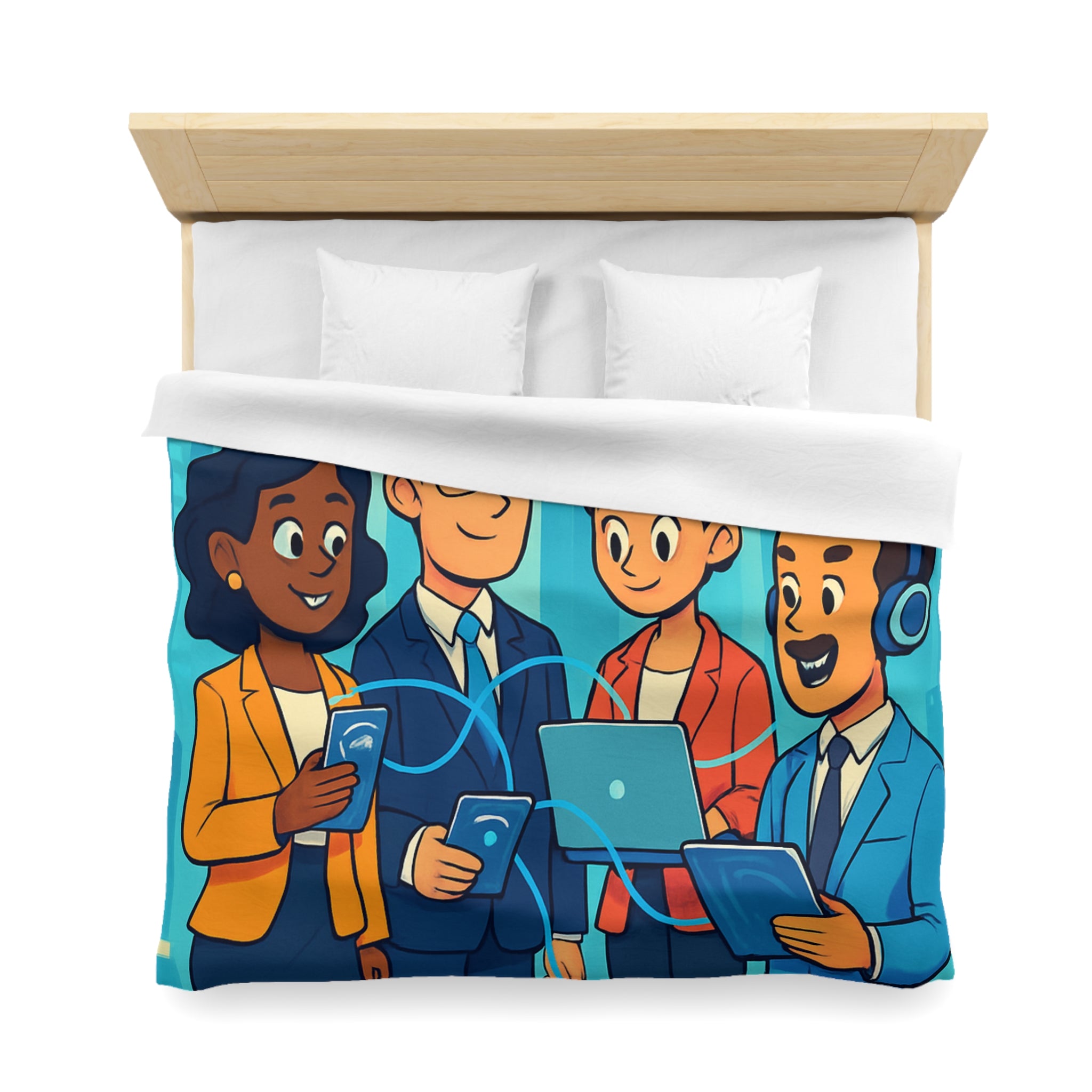 Housse de couette moderne illustrant équipe collaborative en milieu urbain technologique