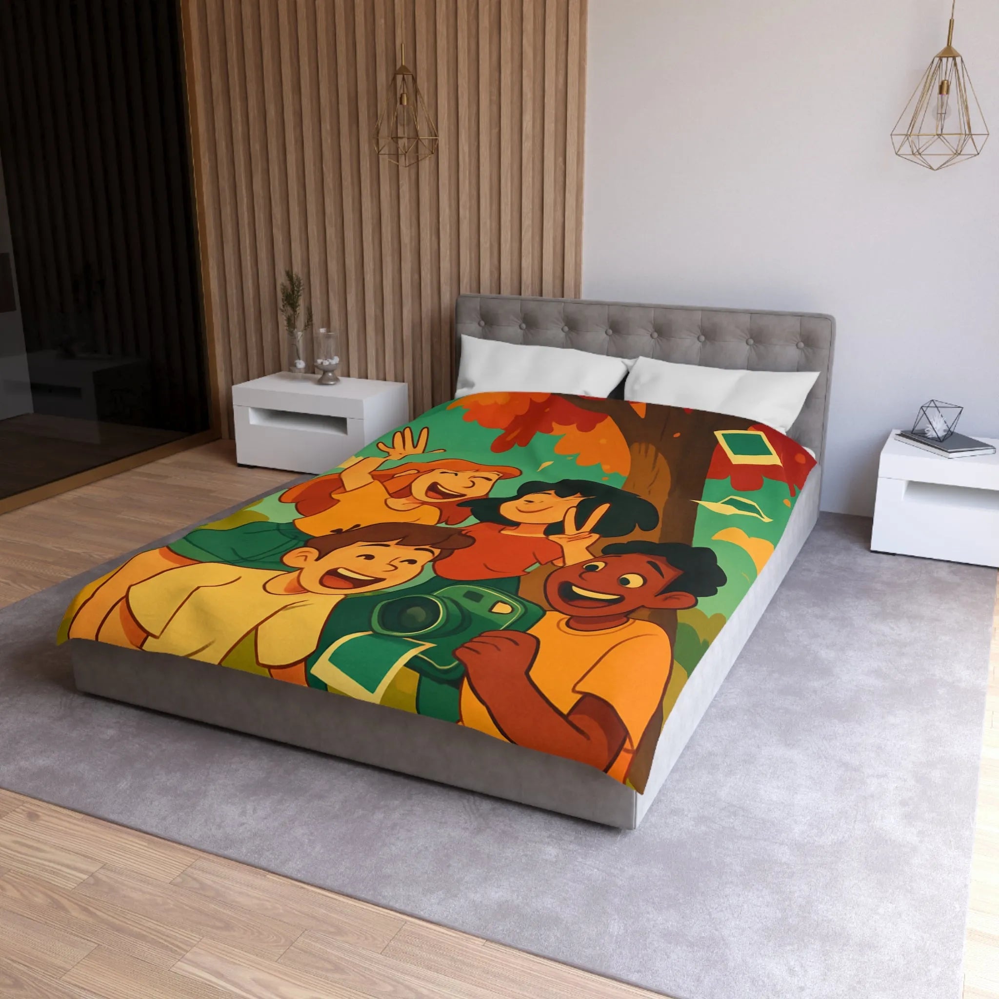 Housse de Couette Enfants Arborant Motif Nature et Joie Automnale Avec Polaroids