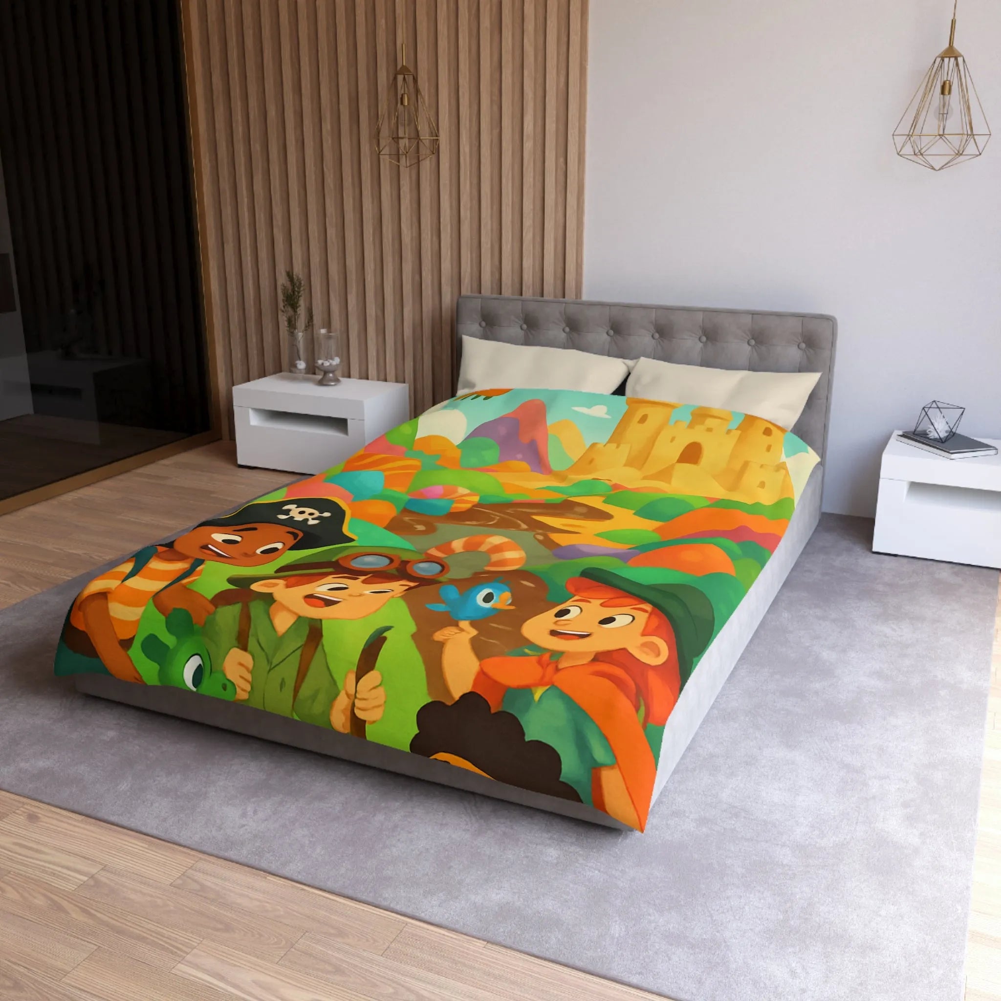 Housse de couette ludique pour enfants avec château et aventuriers aux couleurs vives