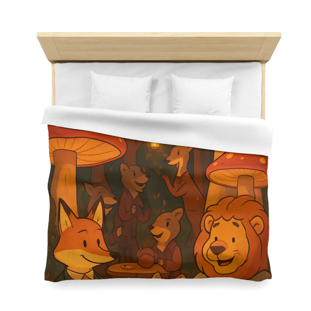 Housse de couette enchantée avec animaux sous champignons géants dans une forêt magique
