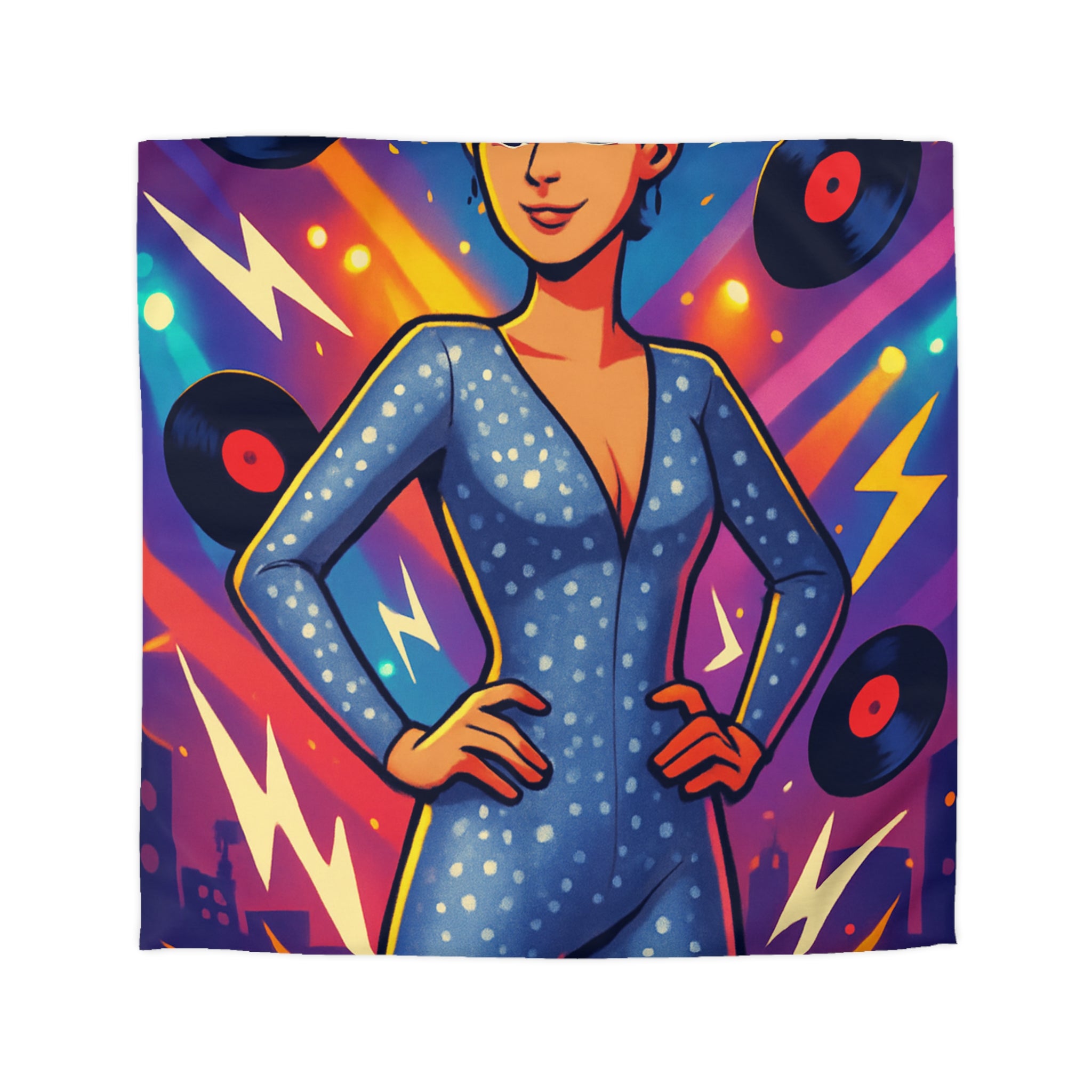 Housse de Couette Thématique Musique Vintage avec Femme dans Combinaison Étoilée Scintillante