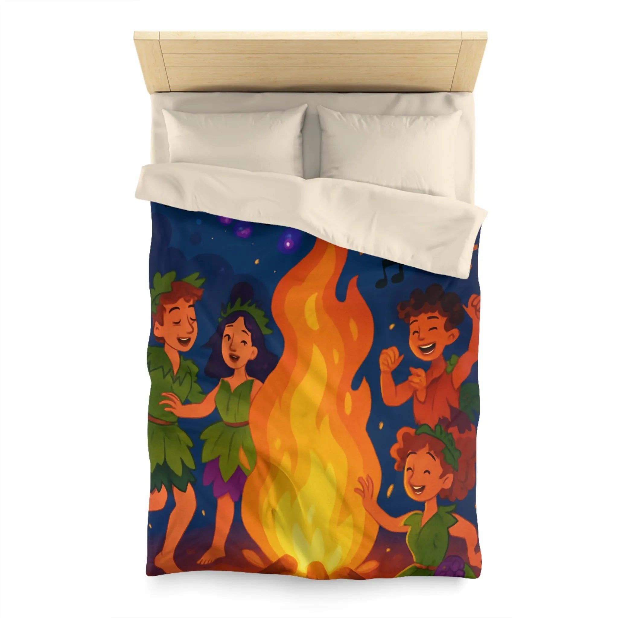 Housse de couette joyeuse autour d'un feu de camp avec enfants et raisins dansants