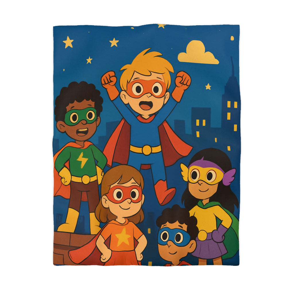 Super-héros Enfants Volant Nuit Ciel Étoilé Ville Amis Confiants Housse de Couette Colorée
