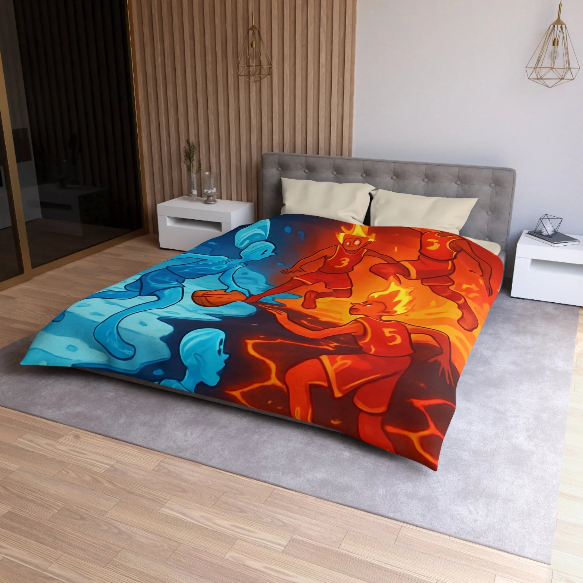 Housse de couette avec design artistique de basketball feu et glace spectaculaire