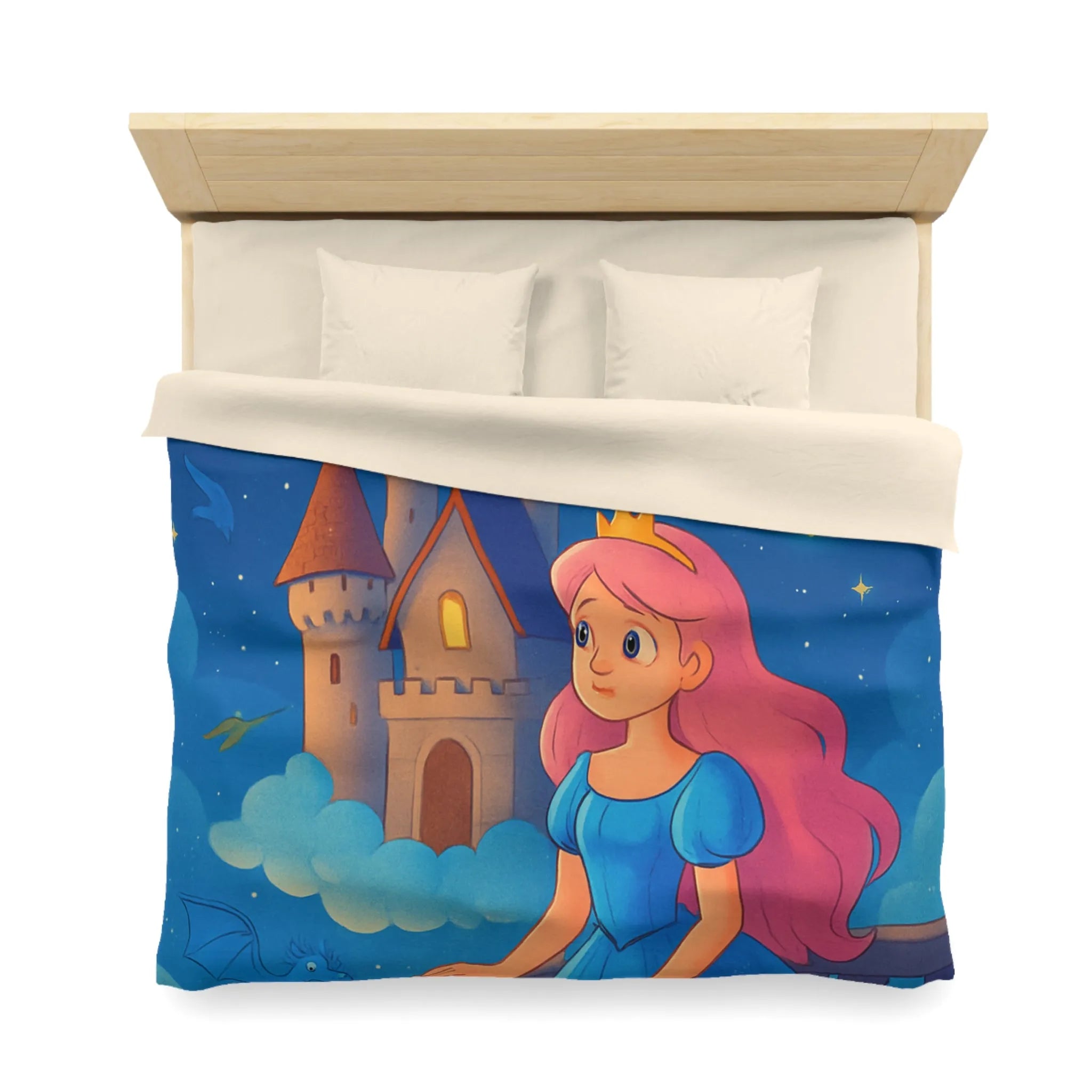 Housse de Couette Enfant Représentant Princesse et Dragons dans un Ciel Nocturne Magique