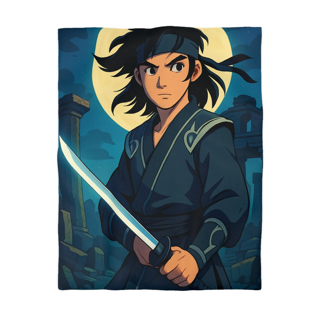 Housse de couette épique avec guerrier anime sous lune mystique et ruines anciennes