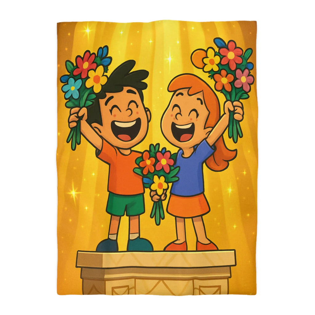 Dessin mignon d'enfants célébrant avec des bouquets de fleurs illuminés de rayons dorés