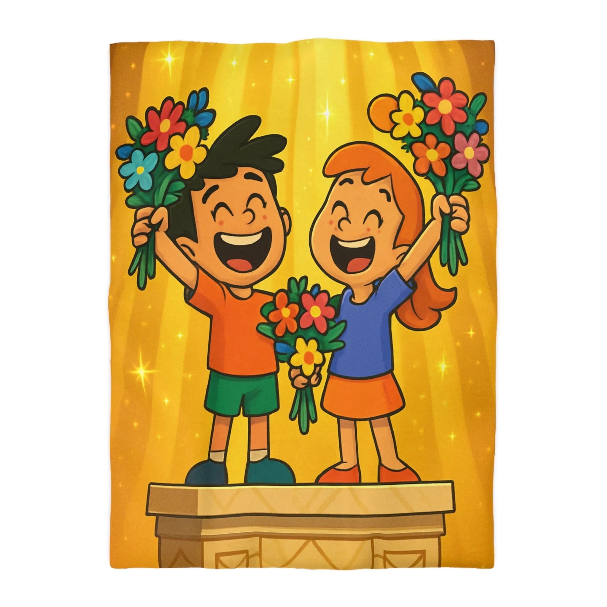 Dessin mignon d'enfants célébrant avec des bouquets de fleurs illuminés de rayons dorés