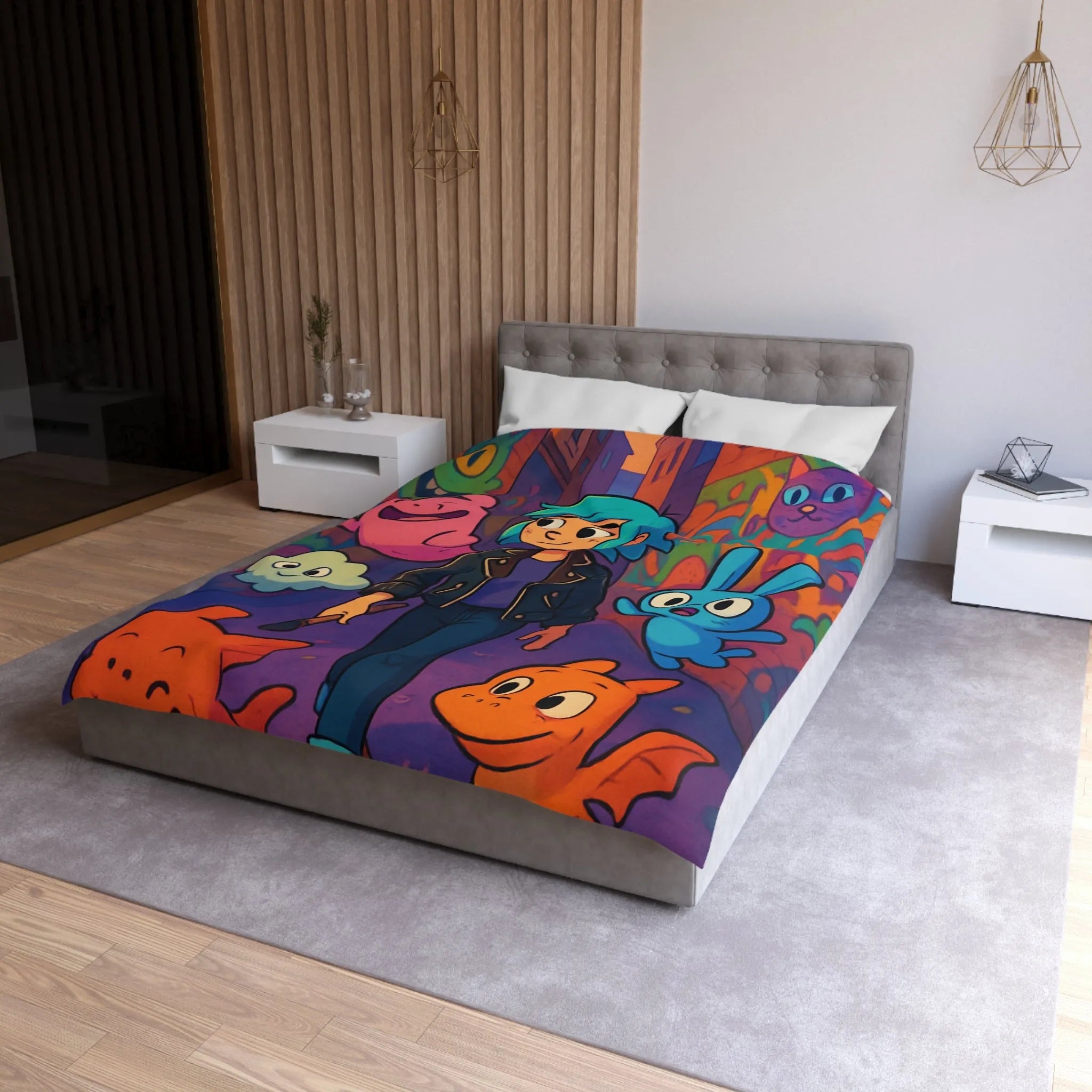 Housse de couette colorée avec personnages fantasy dans une ruelle urbaine magique