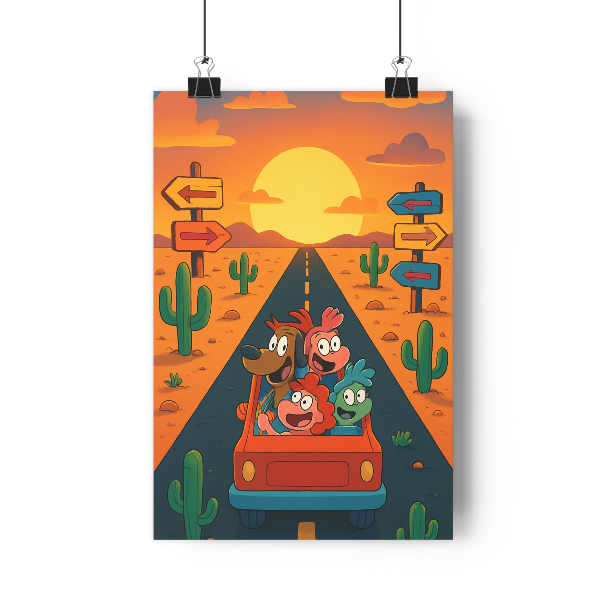 Poster décoratif aventure voiture rouge joyeux cartoon désert cactus salon chambre enfant qualité premium