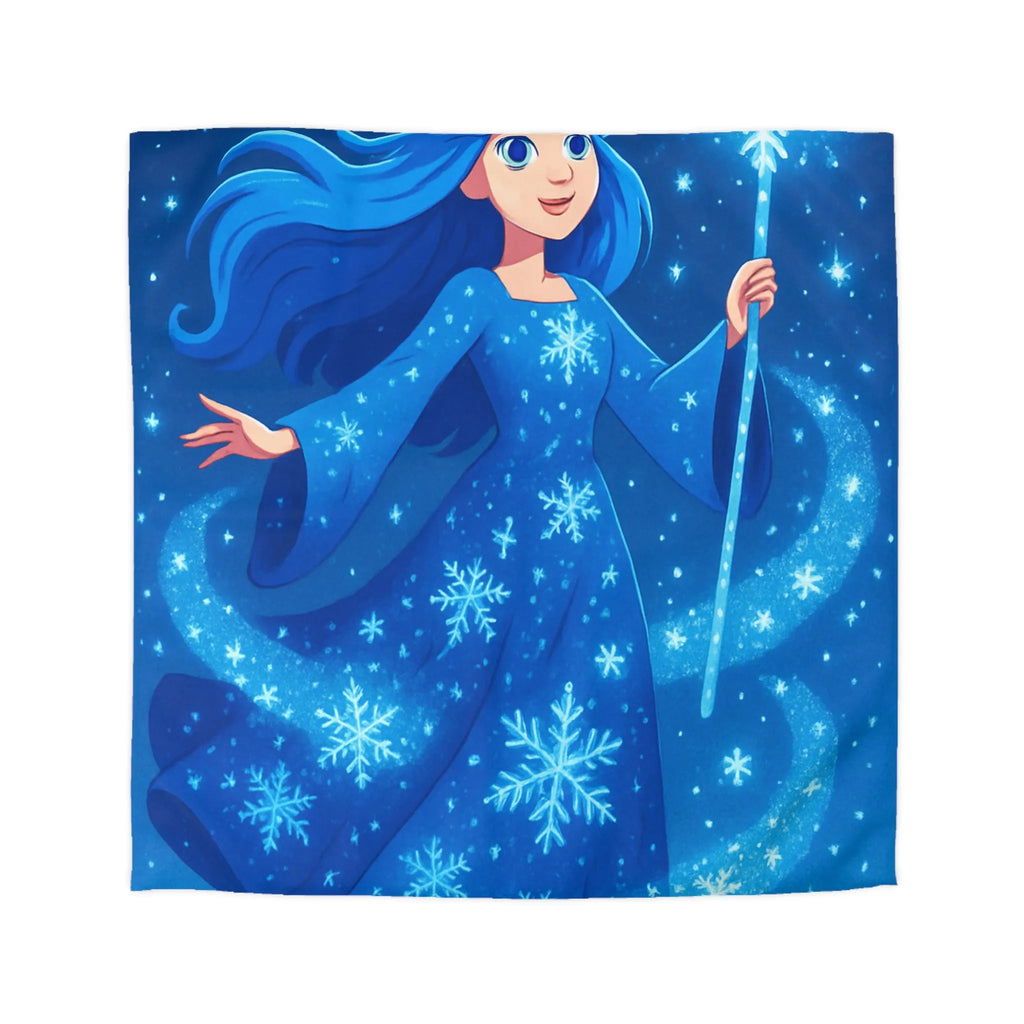 Housse de couette enfantine bleue avec fée magique dans ciel étoilé hivernal