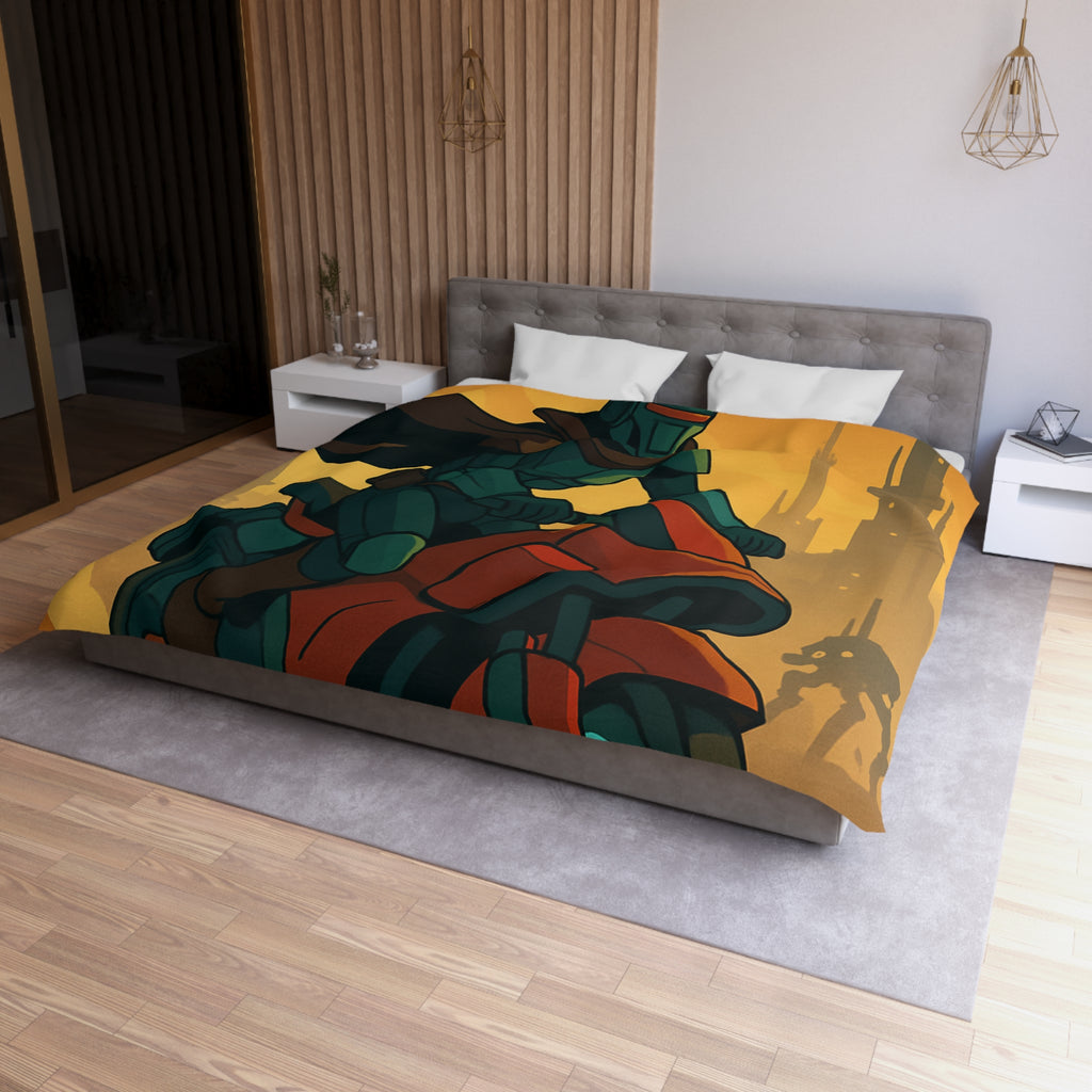 Housse de couette moto futuriste avec pilote en armure et paysage urbain orange