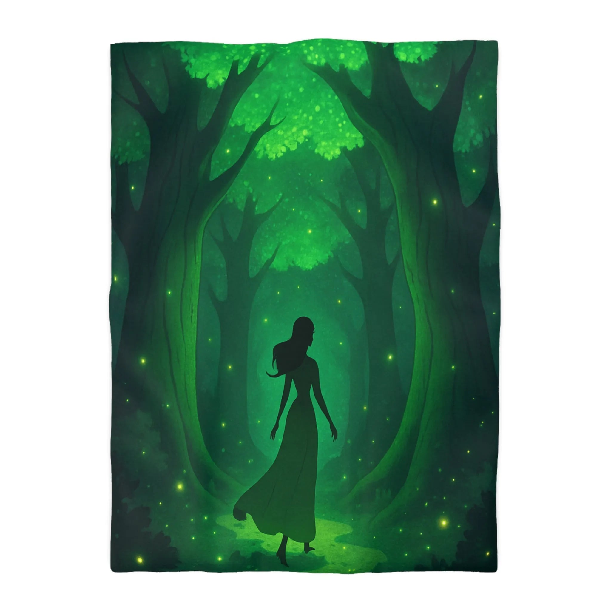 Housse de couette forêt enchantée avec silhouette élégante et lumières scintillantes vertes